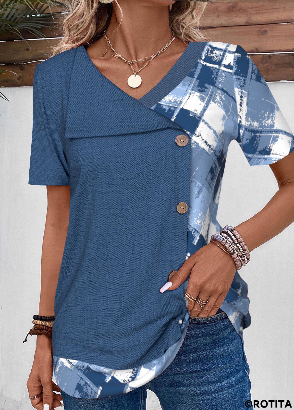 ROTITA Patchwork Geometric Print Denim Blue T Shirt