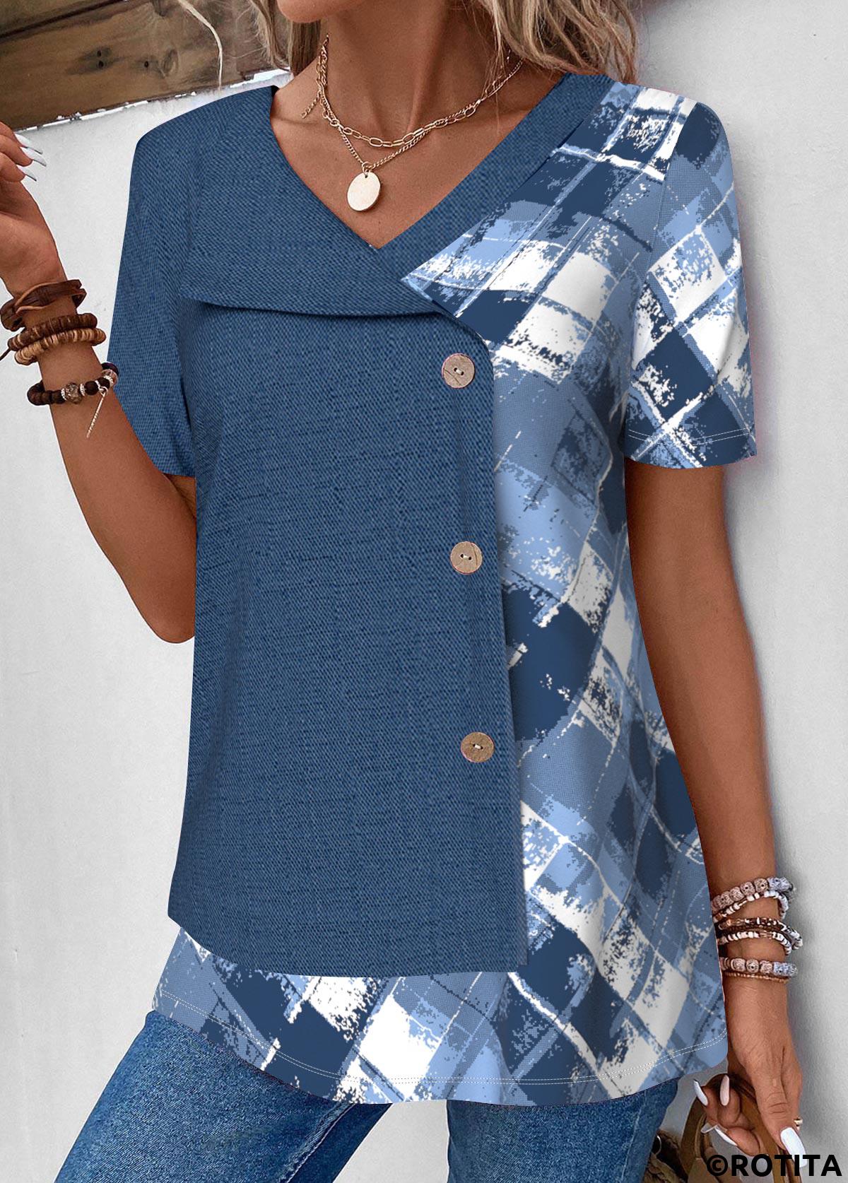 ROTITA Patchwork Geometric Print Denim Blue T Shirt