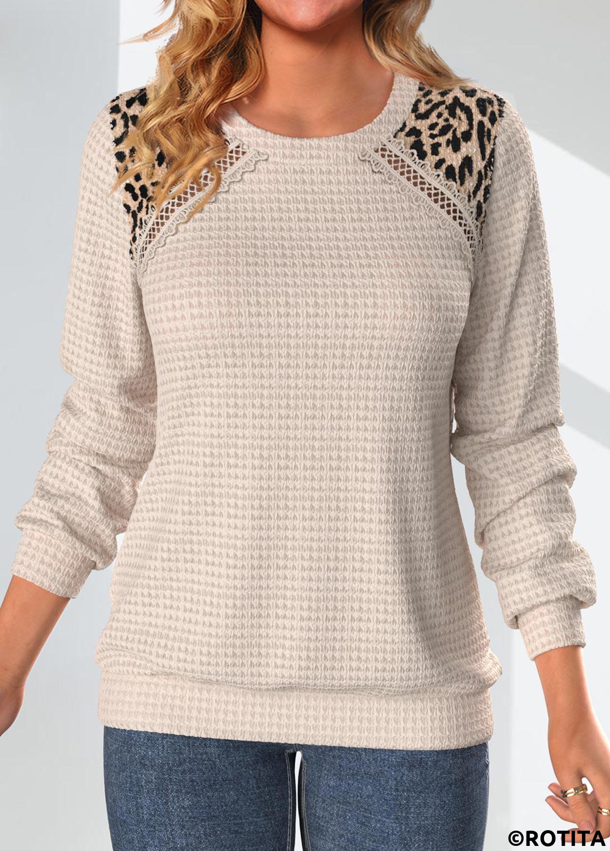 Light Camel tops,Leopard tops,ROTITA Patchwork Leopard Light Camel Round Neck Sweatshirt