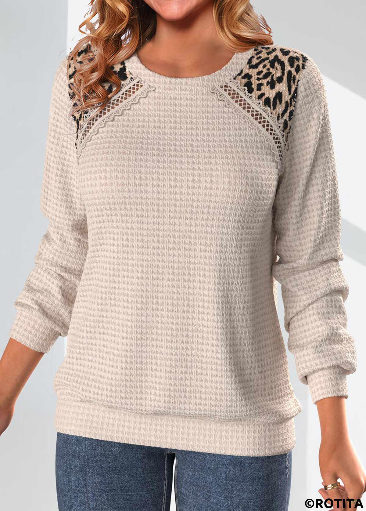 Light Camel tops,Leopard tops,ROTITA Patchwork Leopard Light Camel Round Neck Sweatshirt