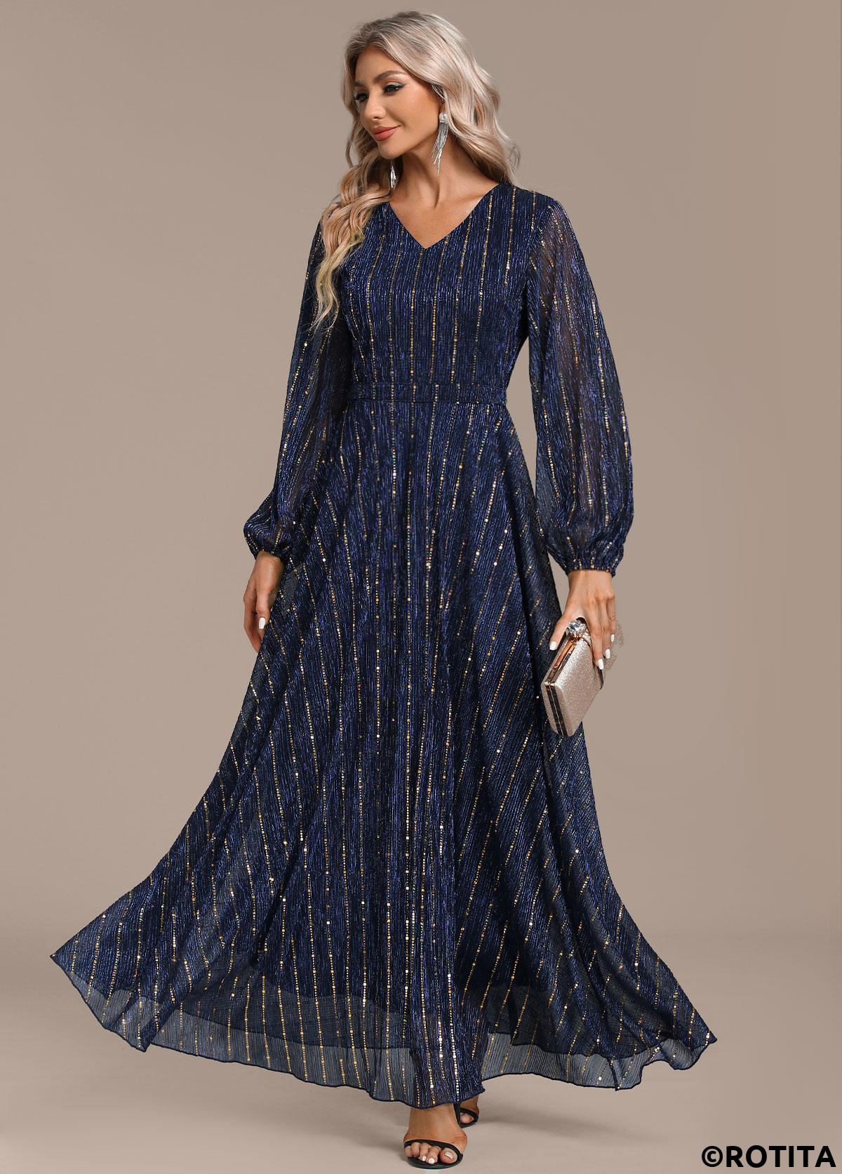 Navy dresses,Plain Color dresses,Party dresses,Elegant dresses,ROTITA Hot Stamping Navy V Neck Maxi Dress