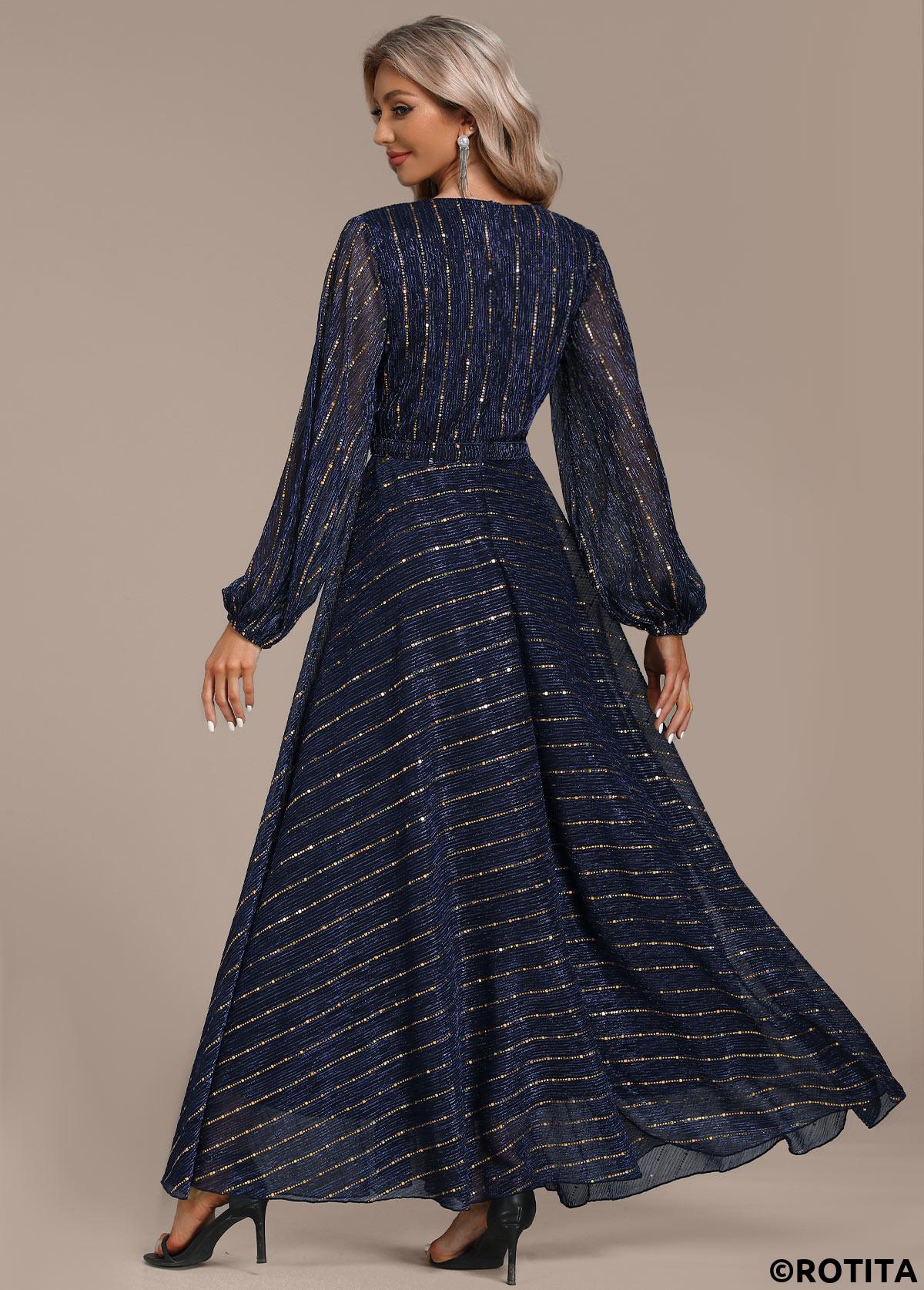 Navy dresses,Plain Color dresses,Party dresses,Elegant dresses,ROTITA Hot Stamping Navy V Neck Maxi Dress