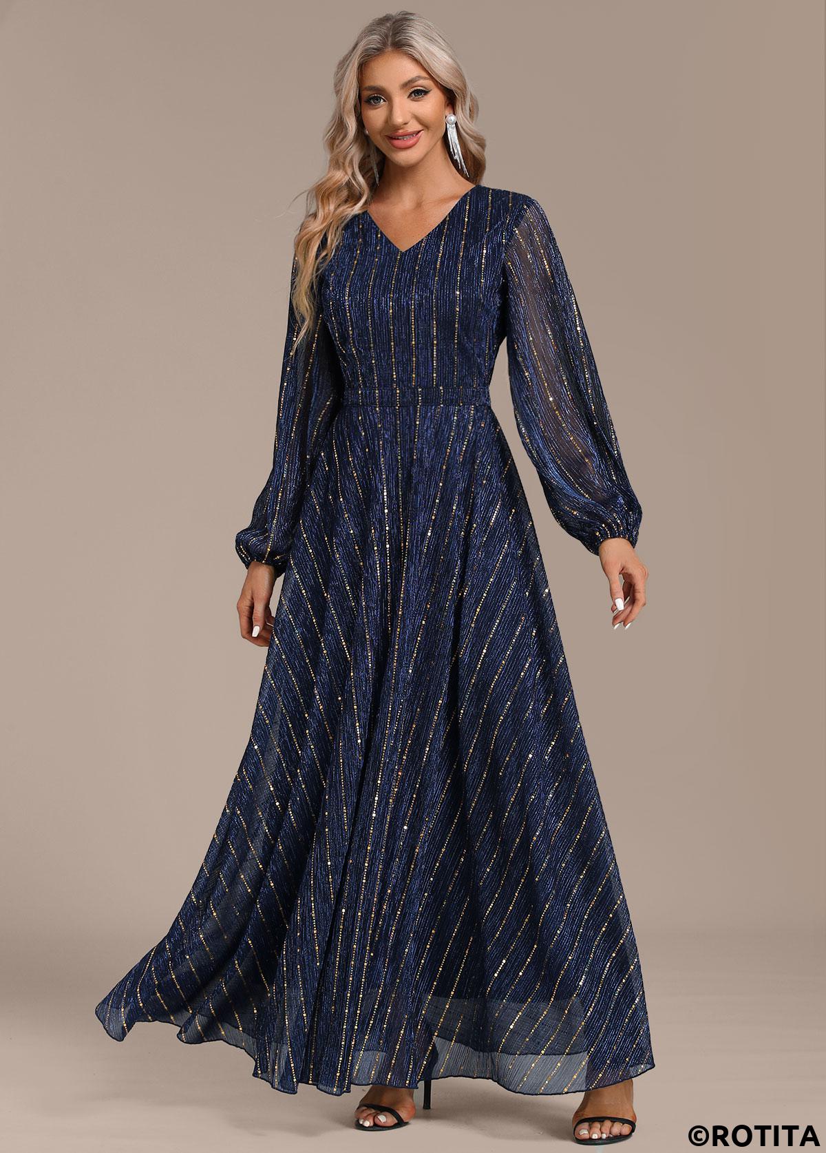 Navy dresses,Plain Color dresses,Party dresses,Elegant dresses,ROTITA Hot Stamping Navy V Neck Maxi Dress