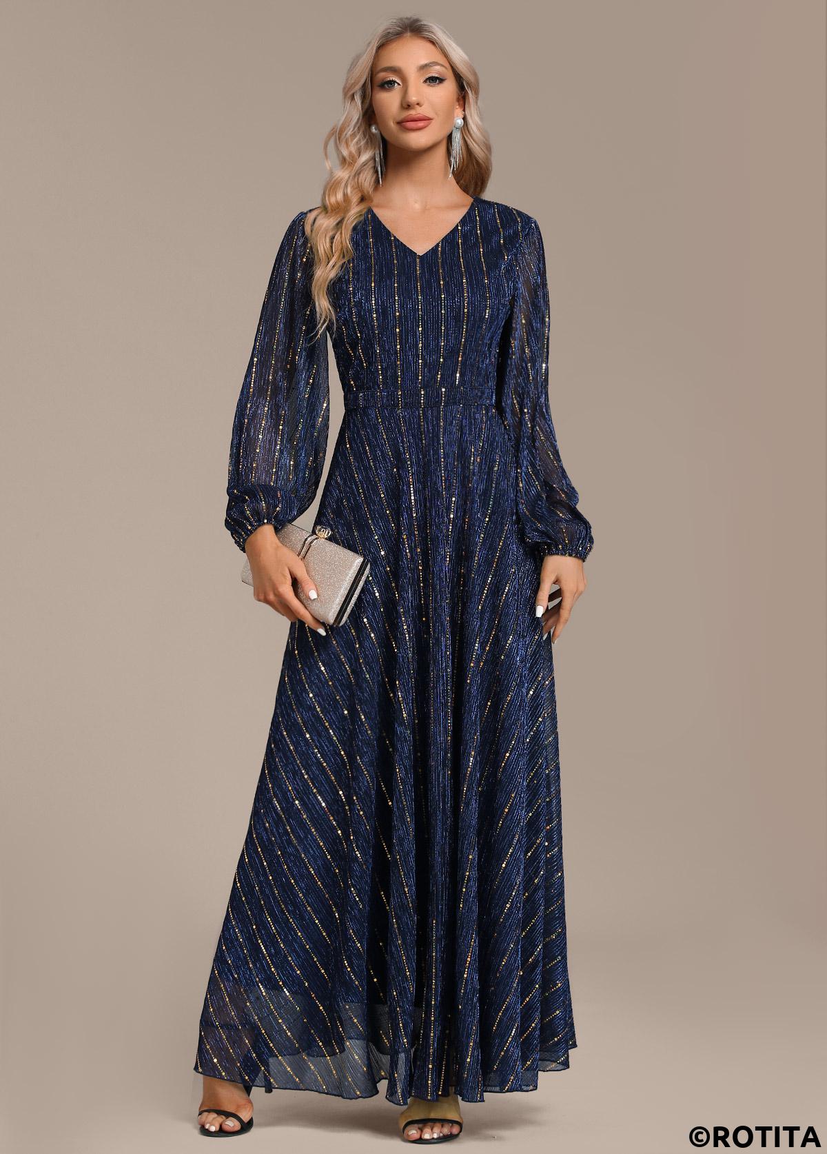 Navy dresses,Plain Color dresses,Party dresses,Elegant dresses,ROTITA Hot Stamping Navy V Neck Maxi Dress