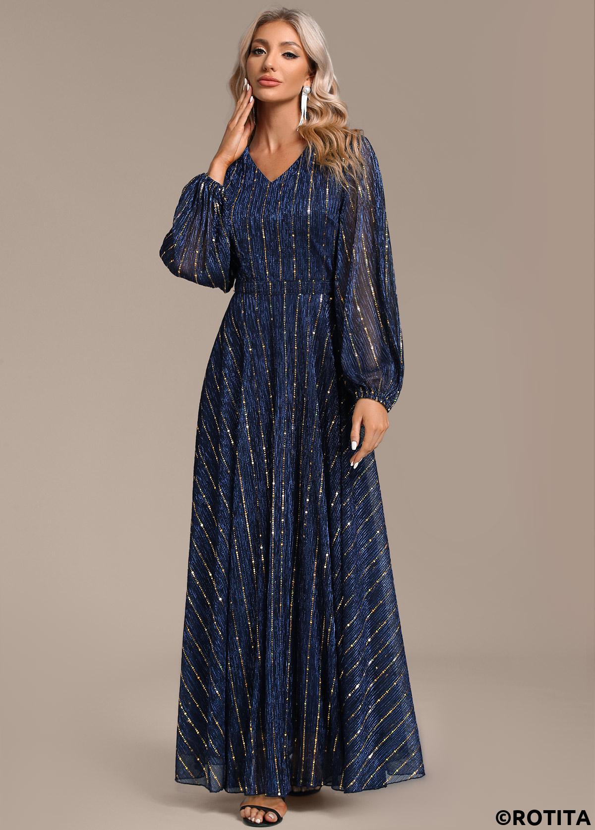 Navy dresses,Plain Color dresses,Party dresses,Elegant dresses,ROTITA Hot Stamping Navy V Neck Maxi Dress