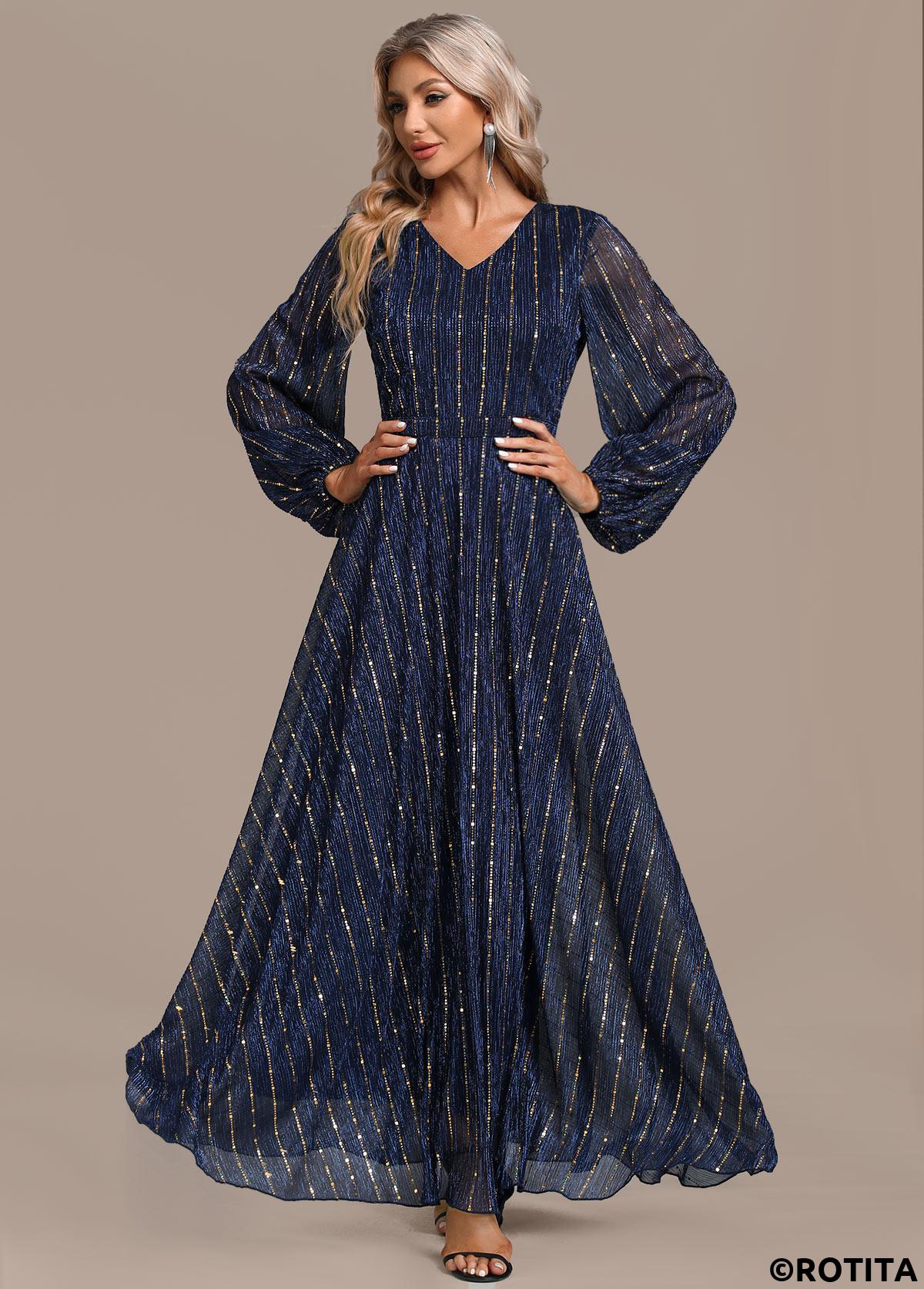 Navy dresses,Plain Color dresses,Party dresses,Elegant dresses,ROTITA Hot Stamping Navy V Neck Maxi Dress