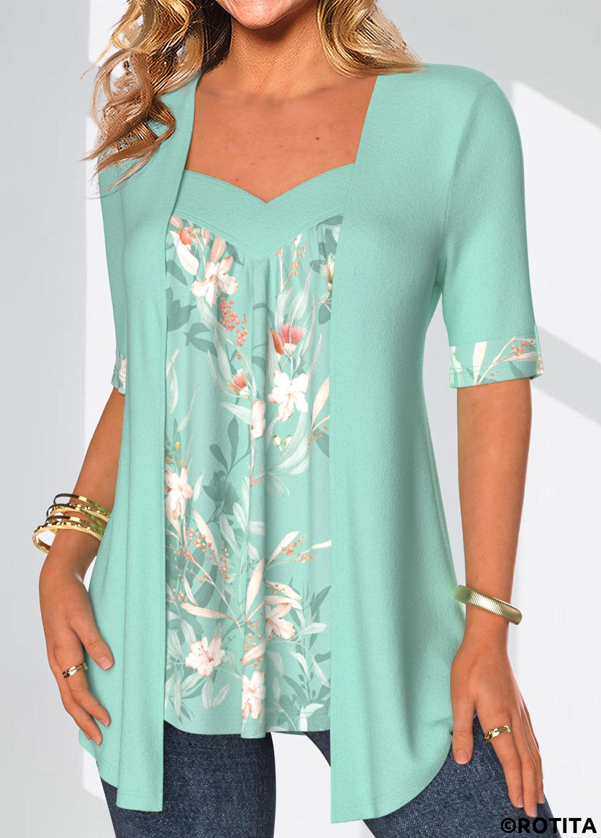 Mint Green tops,Floral tops,ROTITA Patchwork Floral Print Mint Green Fake Two Piece Twinset