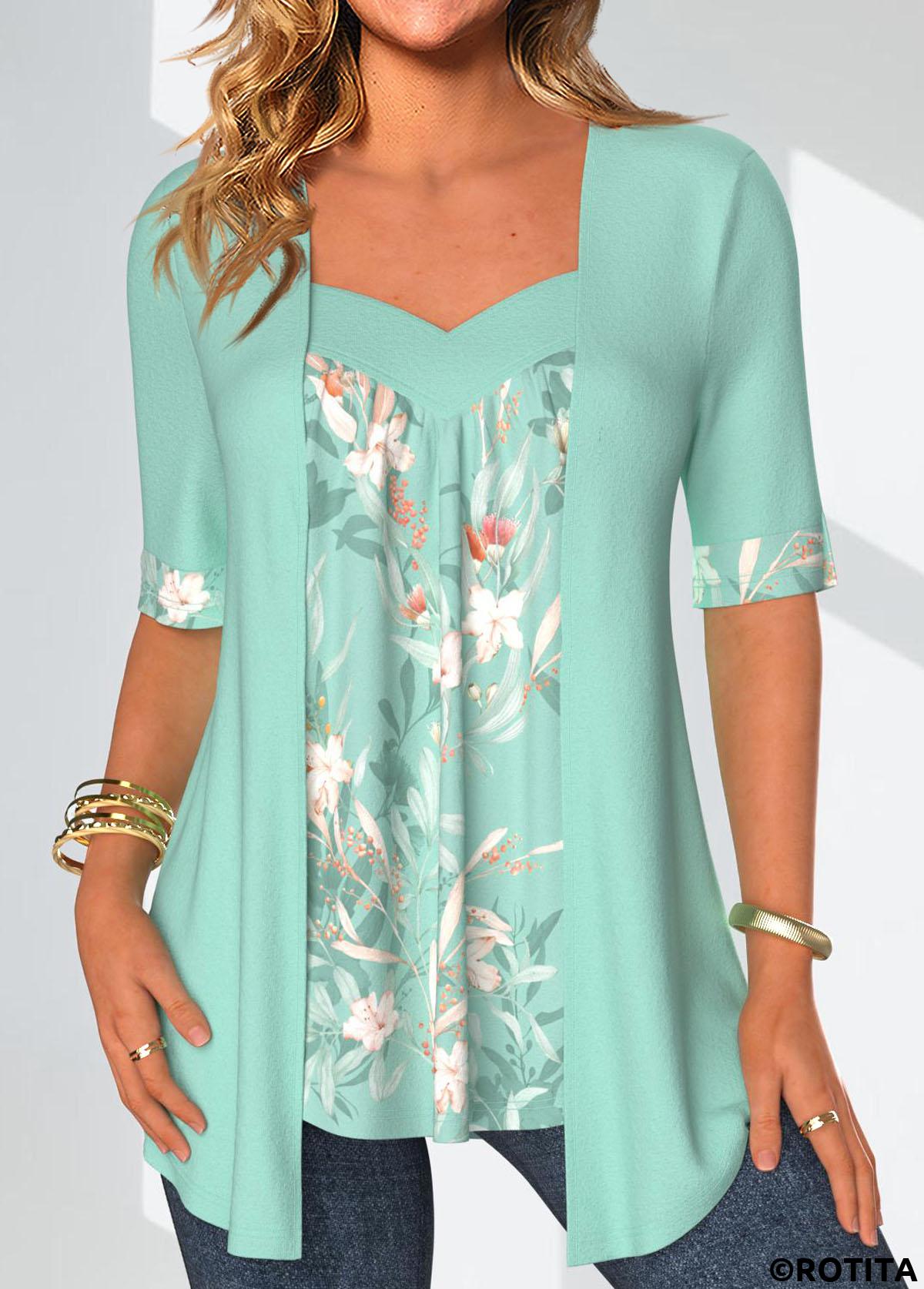 Mint Green tops,Floral tops,ROTITA Patchwork Floral Print Mint Green Fake Two Piece Twinset