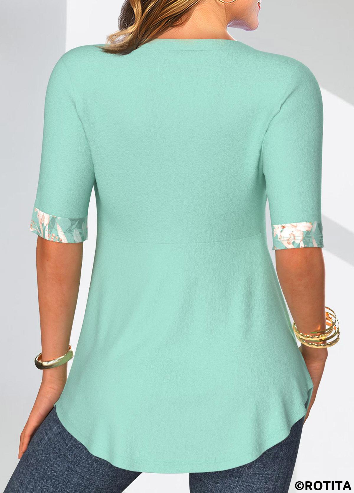 Mint Green tops,Floral tops,ROTITA Patchwork Floral Print Mint Green Fake Two Piece Twinset