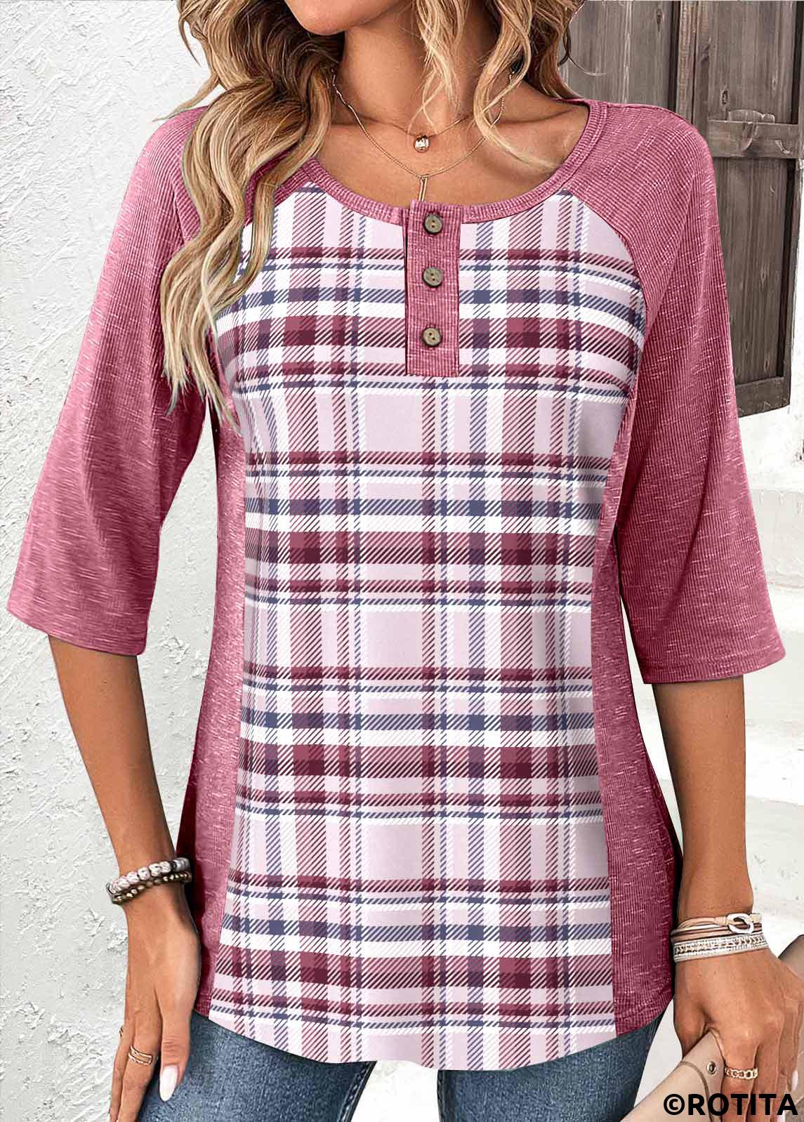 Pink tops,Plaid tops,ROTITA Patchwork Plaid Pink Scoop Neck T Shirt