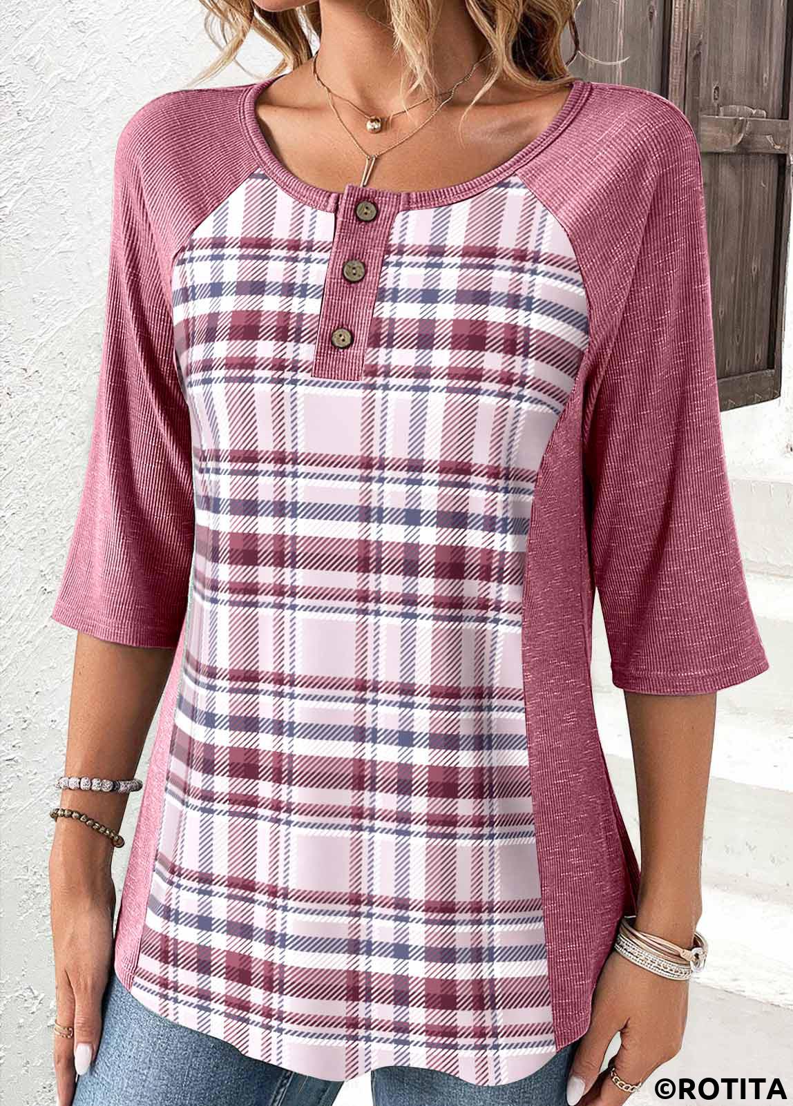 Pink tops,Plaid tops,ROTITA Patchwork Plaid Pink Scoop Neck T Shirt