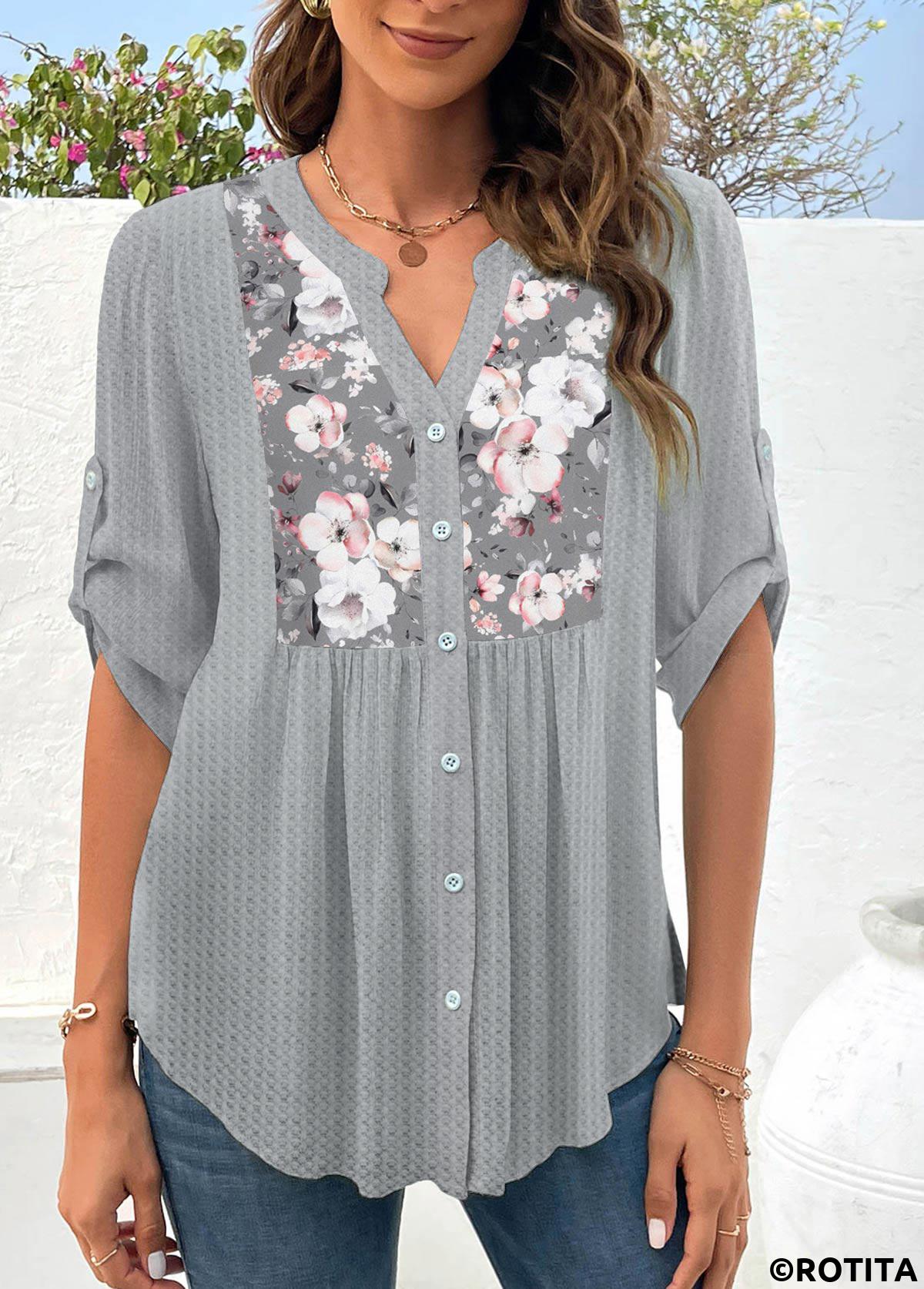 Light Grey tops,Floral tops,Plants tops,ROTITA Patchwork Floral Print Light Grey Split Neck Blouse