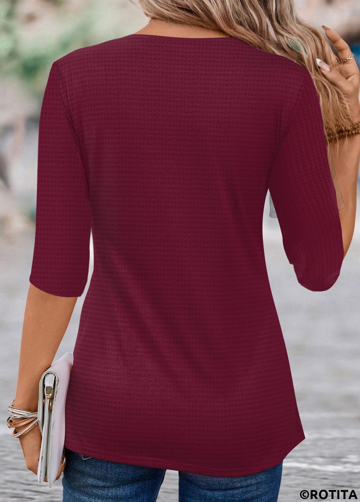 Wine Red tops,Plaid tops,ROTITA Circular Ring Plaid Wine Red T Shirt