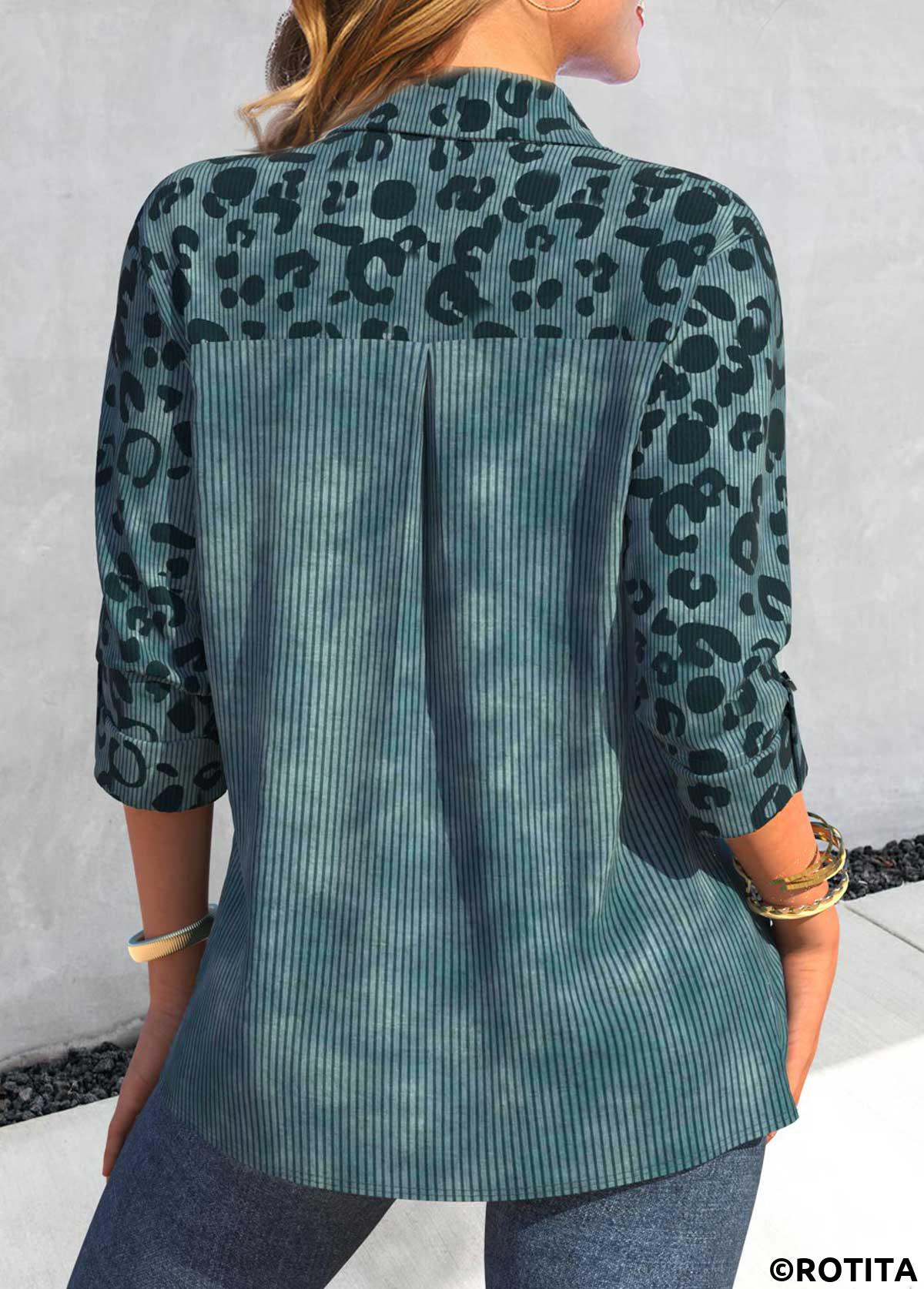 Peacock Blue tops,Leopard tops,Animal Print tops,ROTITA Patchwork Leopard Peacock Blue Shirt Collar Blouse