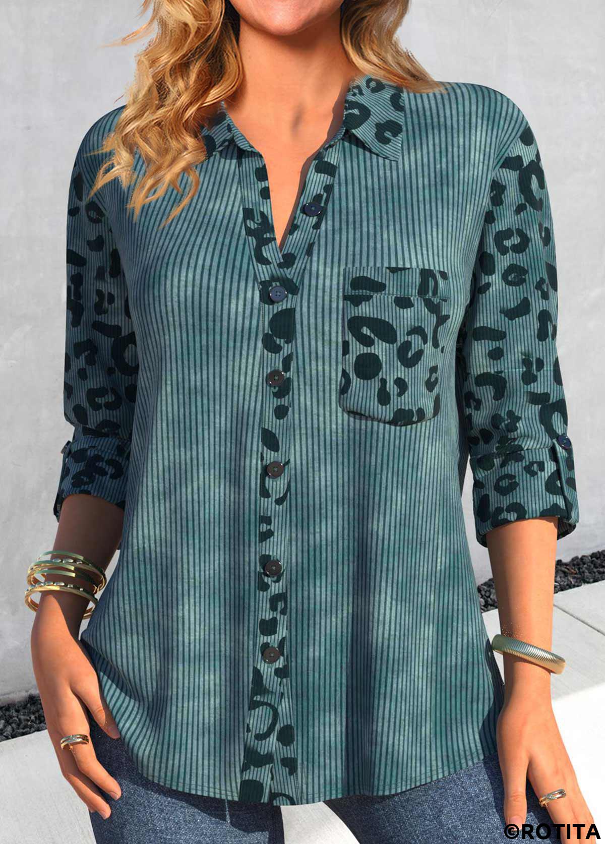 Peacock Blue tops,Leopard tops,Animal Print tops,ROTITA Patchwork Leopard Peacock Blue Shirt Collar Blouse