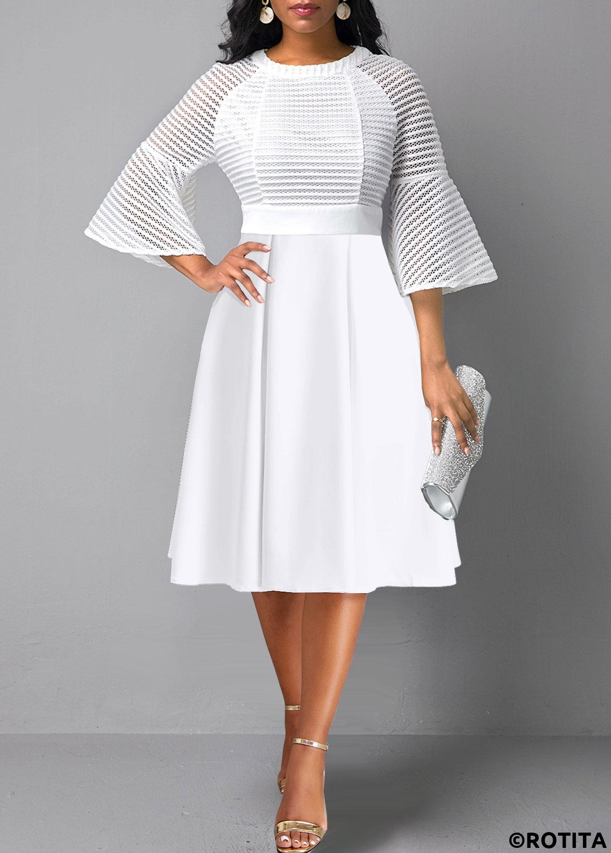 White dresses,Plain Color dresses,Party dresses,Elegant dresses,ROTITA Mesh Three Quarter Length Sleeve White Round Neck Dress