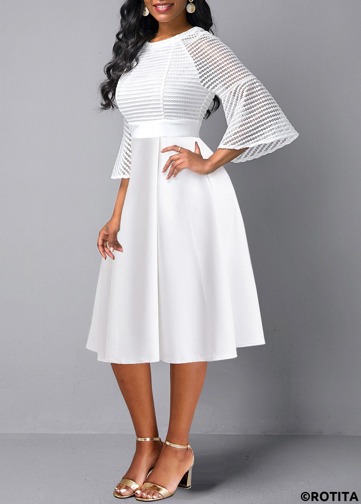 White dresses,Plain Color dresses,Party dresses,Elegant dresses,ROTITA Mesh Three Quarter Length Sleeve White Round Neck Dress