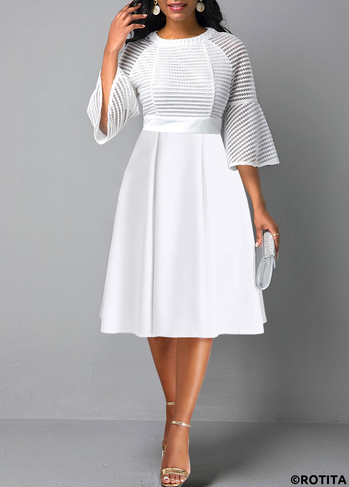 White dresses,Plain Color dresses,Party dresses,Elegant dresses,ROTITA Mesh Three Quarter Length Sleeve White Round Neck Dress