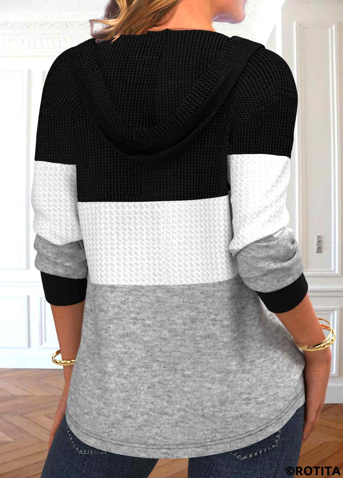 Black tops,Grey tops,Contrast Color tops,ROTITA Patchwork Black Contrast Long Sleeve Hoodie