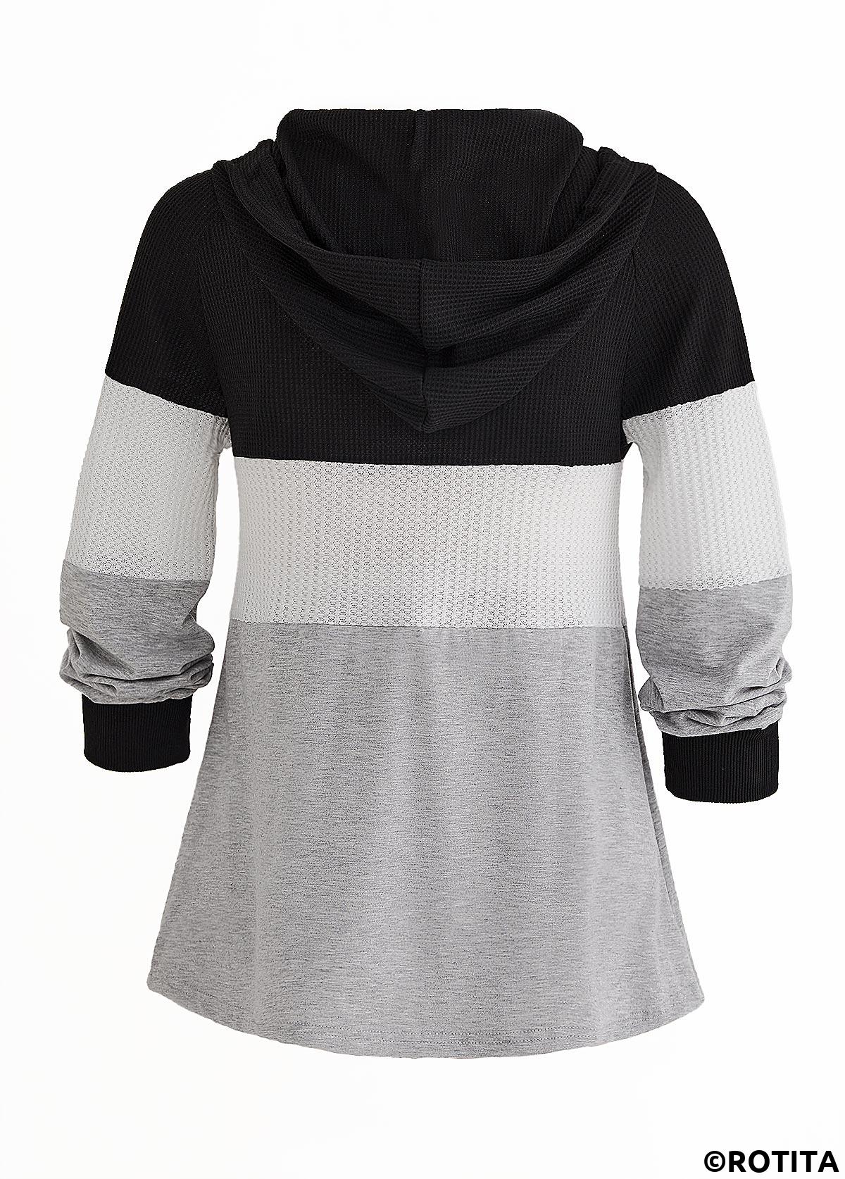Black tops,Grey tops,Contrast Color tops,ROTITA Patchwork Black Contrast Long Sleeve Hoodie