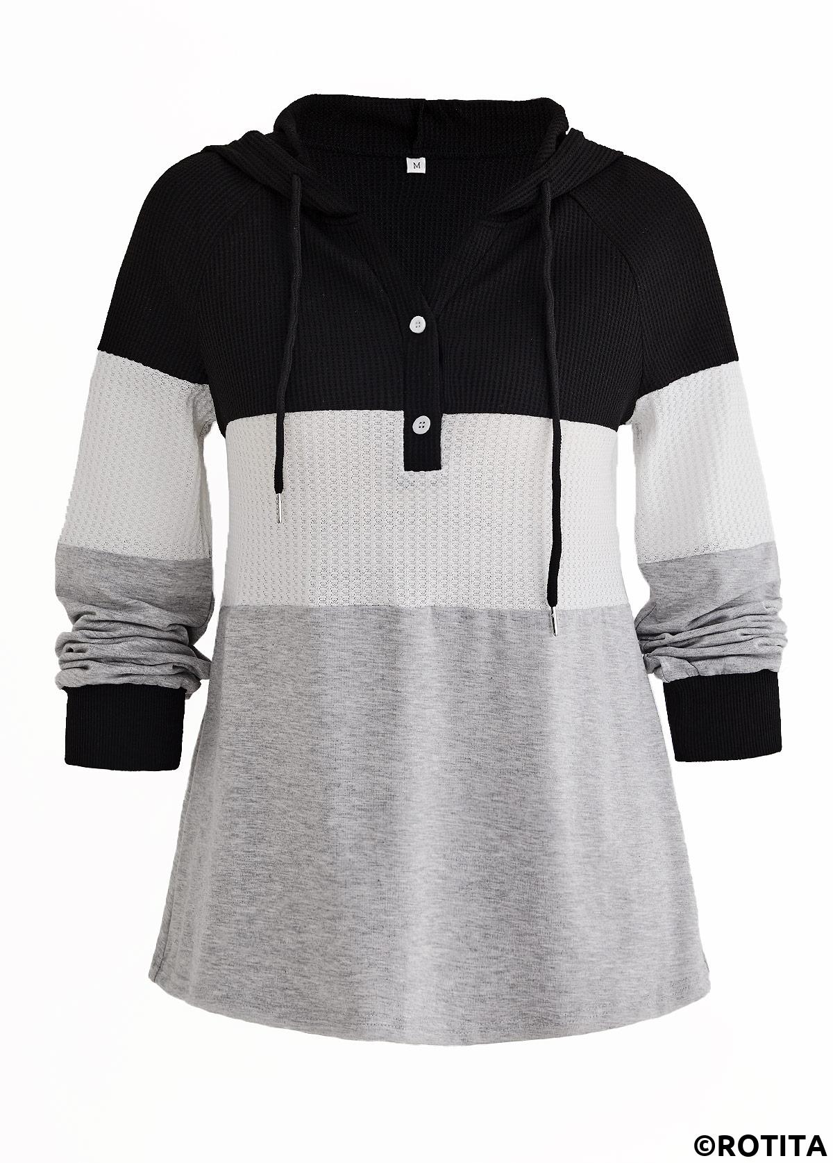 Black tops,Grey tops,Contrast Color tops,ROTITA Patchwork Black Contrast Long Sleeve Hoodie
