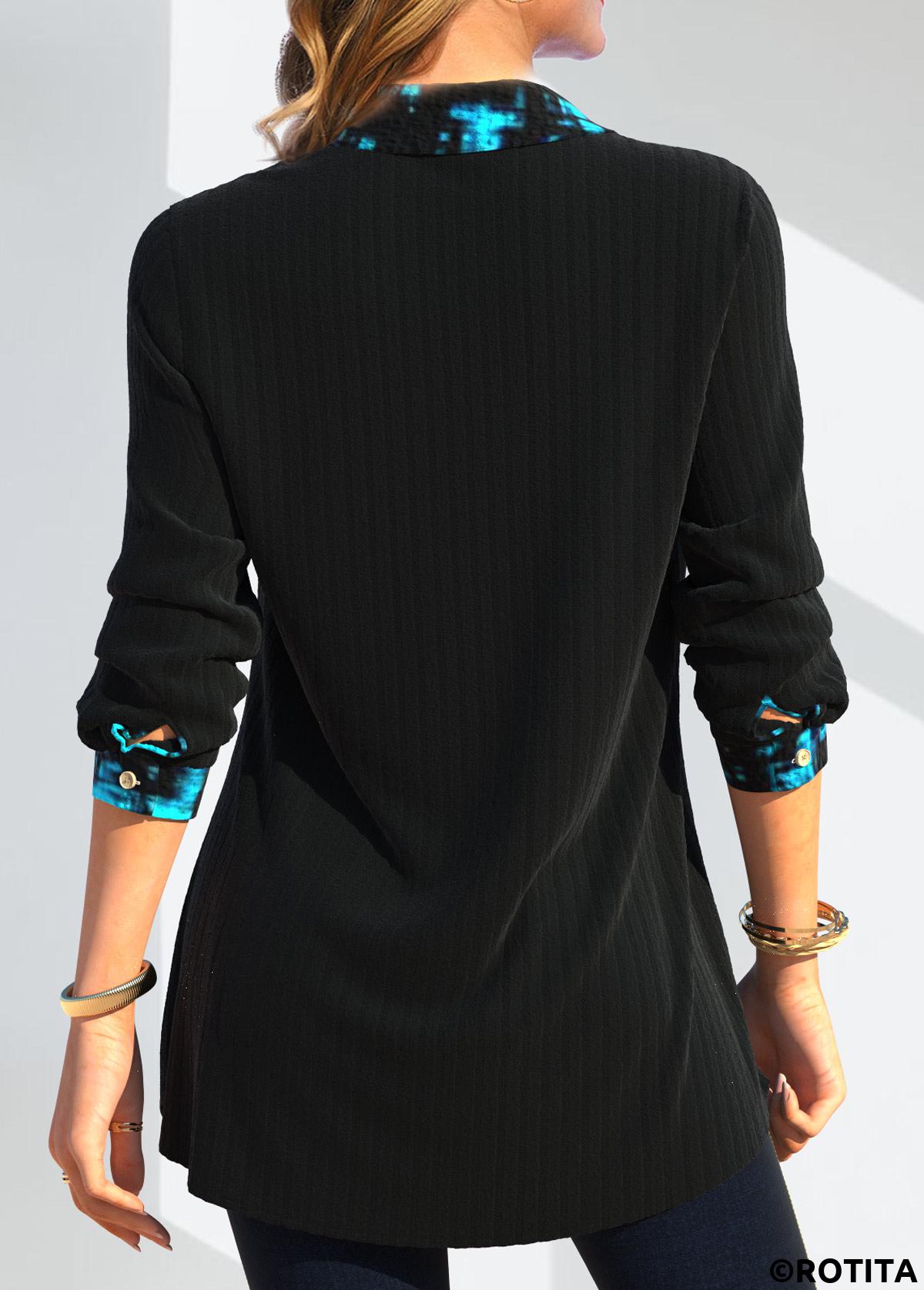 Black tops,Geometric tops,ROTITA Fake 2in1 Geometric Print Black Shirt Collar Blouse