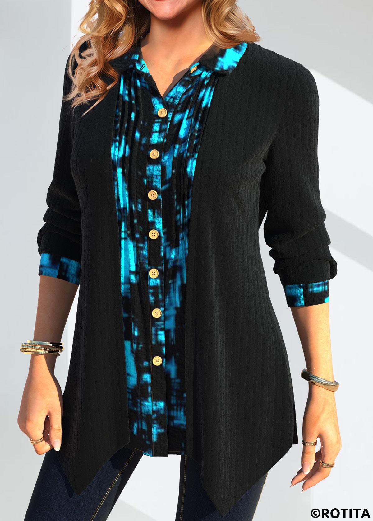 Black tops,Geometric tops,ROTITA Fake 2in1 Geometric Print Black Shirt Collar Blouse