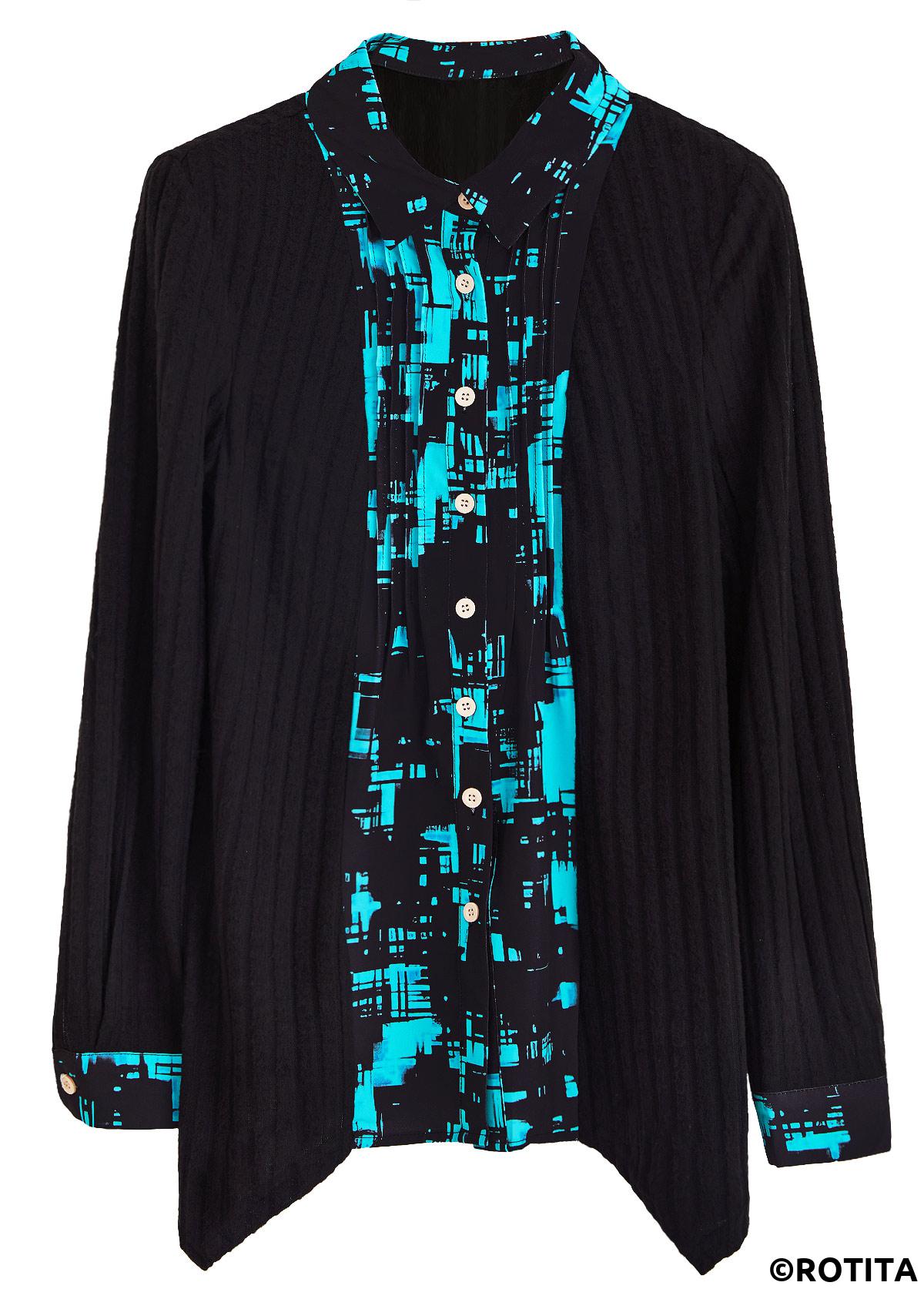 Black tops,Geometric tops,ROTITA Fake 2in1 Geometric Print Black Shirt Collar Blouse