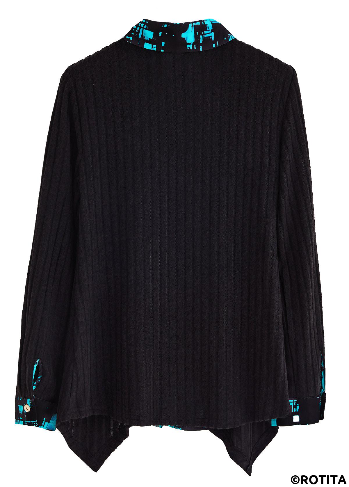 Black tops,Geometric tops,ROTITA Fake 2in1 Geometric Print Black Shirt Collar Blouse