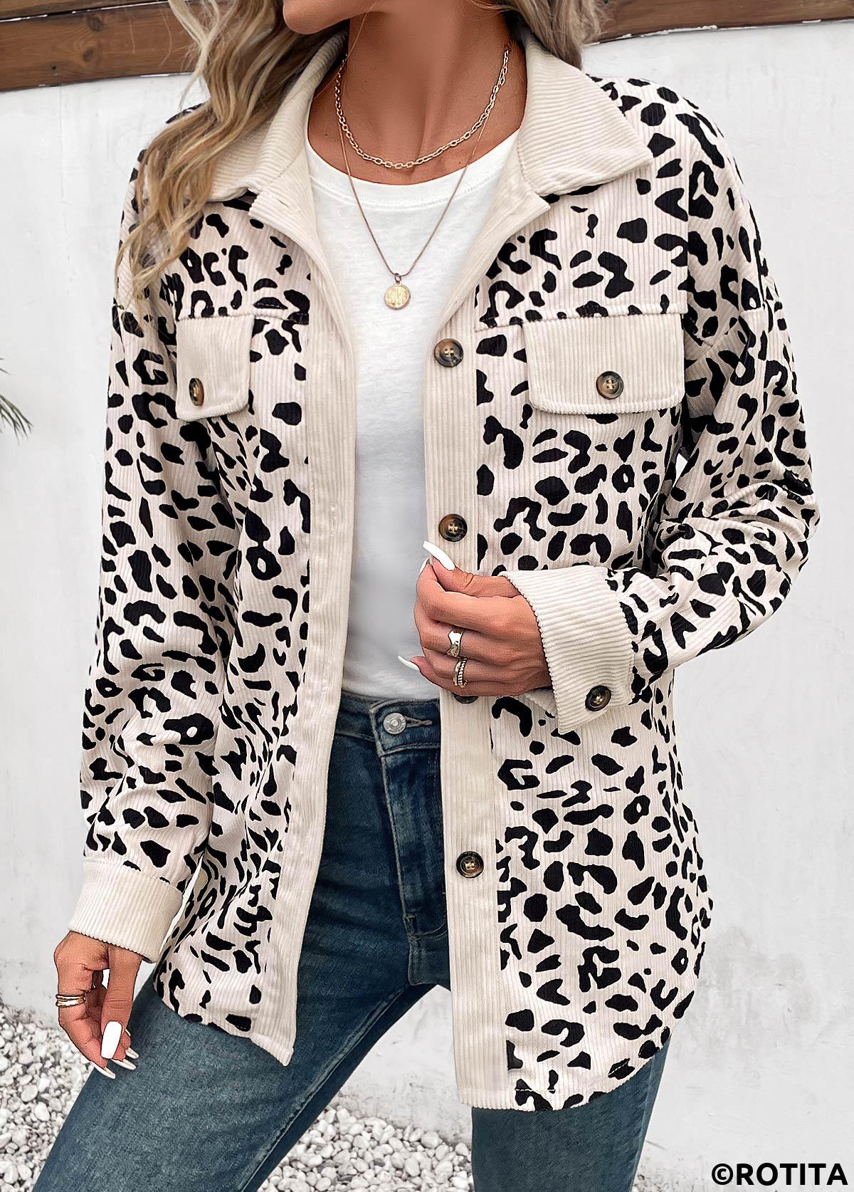 Beige tops,Black tops,Leopard tops,Animal Print tops,Patchwork Leopard Beige Shirt Collar Long Sleeve Coat