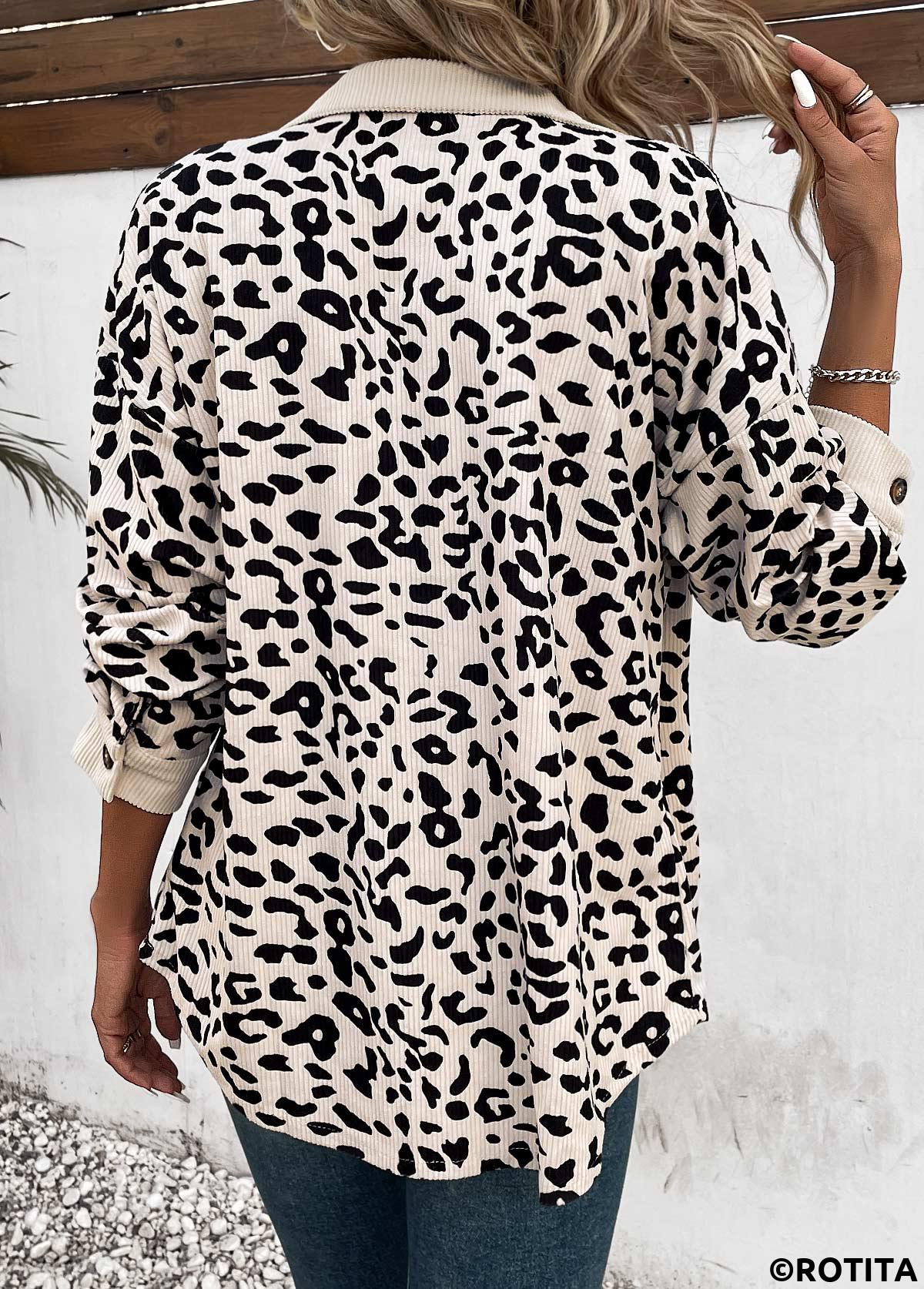 Beige tops,Black tops,Leopard tops,Animal Print tops,Patchwork Leopard Beige Shirt Collar Long Sleeve Coat