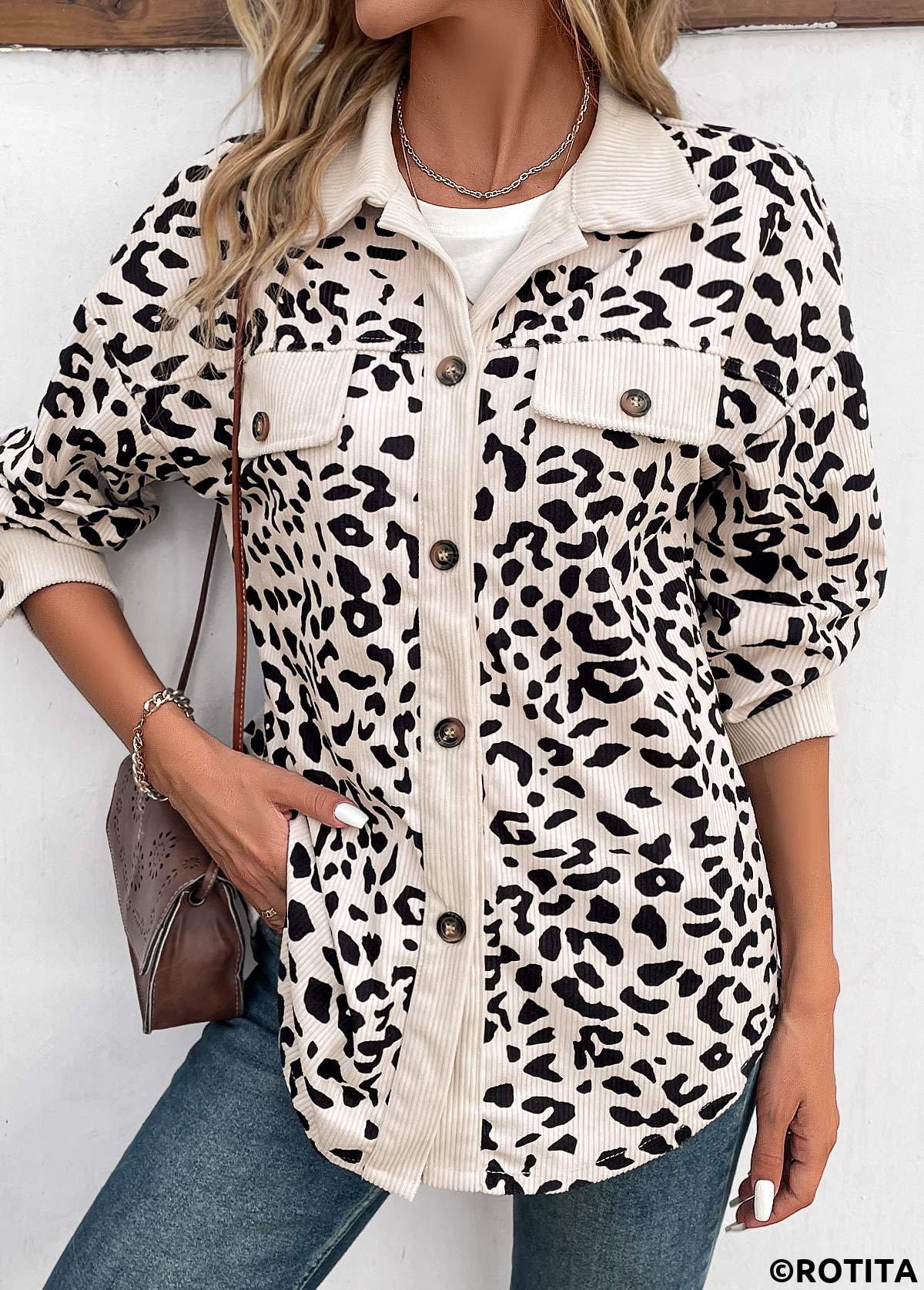Beige tops,Black tops,Leopard tops,Animal Print tops,Patchwork Leopard Beige Shirt Collar Long Sleeve Coat