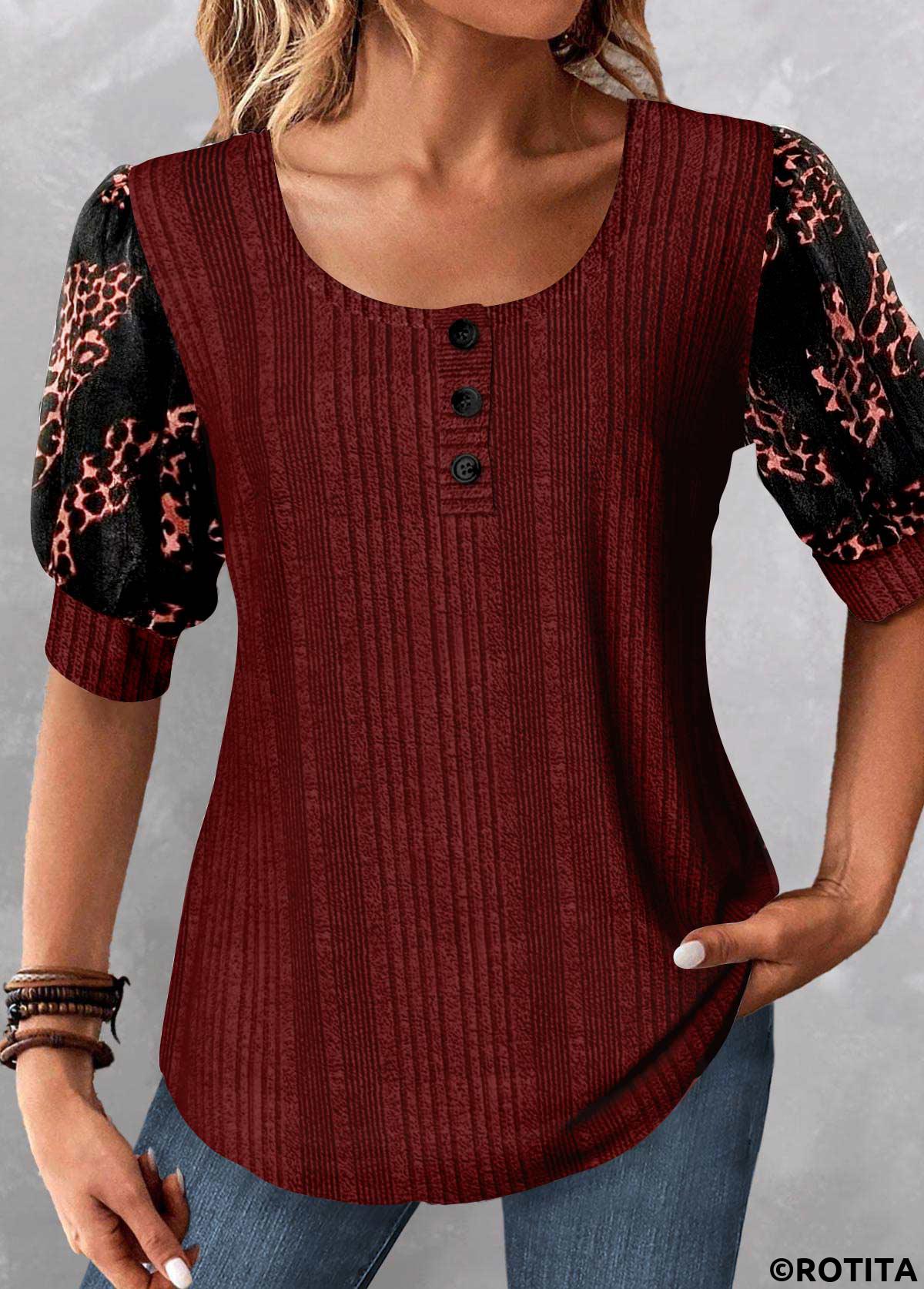 Wine Red tops,Black tops,Leopard tops,Animal Print tops,ROTITA Patchwork Leopard Wine Red Scoop Neck Blouse