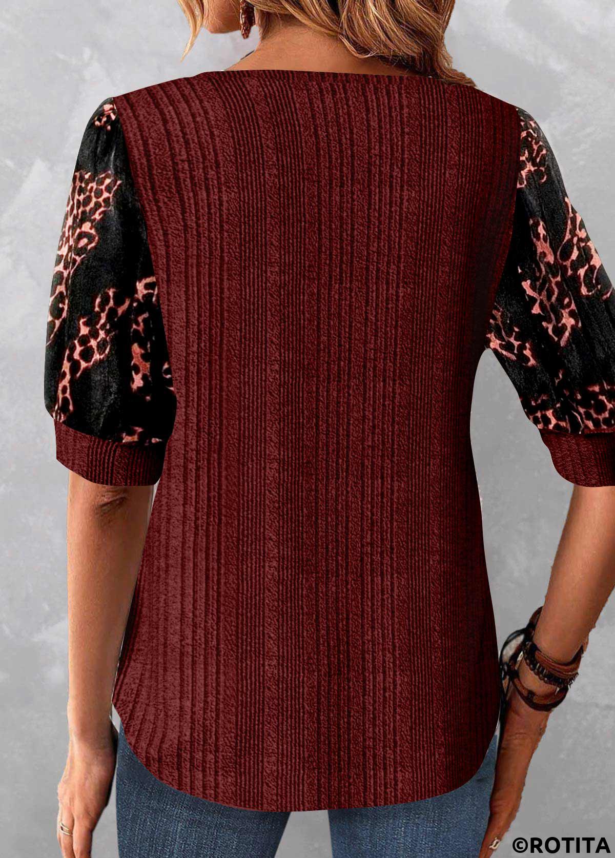 Wine Red tops,Black tops,Leopard tops,Animal Print tops,ROTITA Patchwork Leopard Wine Red Scoop Neck Blouse