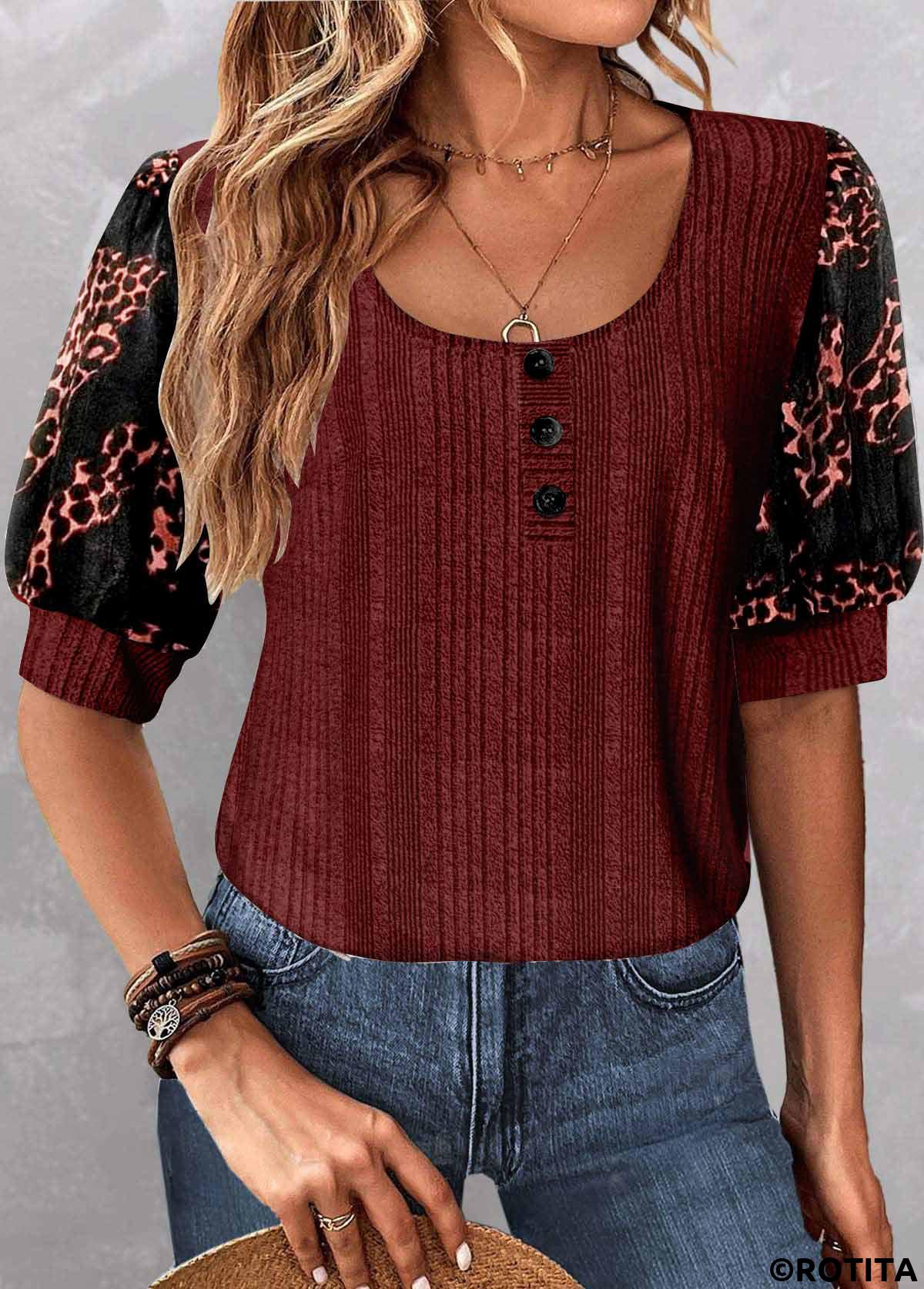 Wine Red tops,Black tops,Leopard tops,Animal Print tops,ROTITA Patchwork Leopard Wine Red Scoop Neck Blouse
