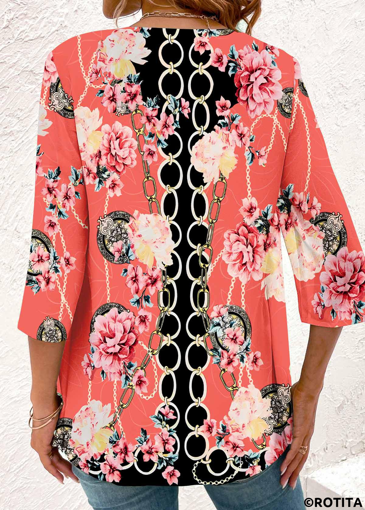 Peach Red tops,Black tops,Floral tops,Plants tops,Geometric tops,ROTITA Fake 2in1 Floral Print Peach Red Blouse