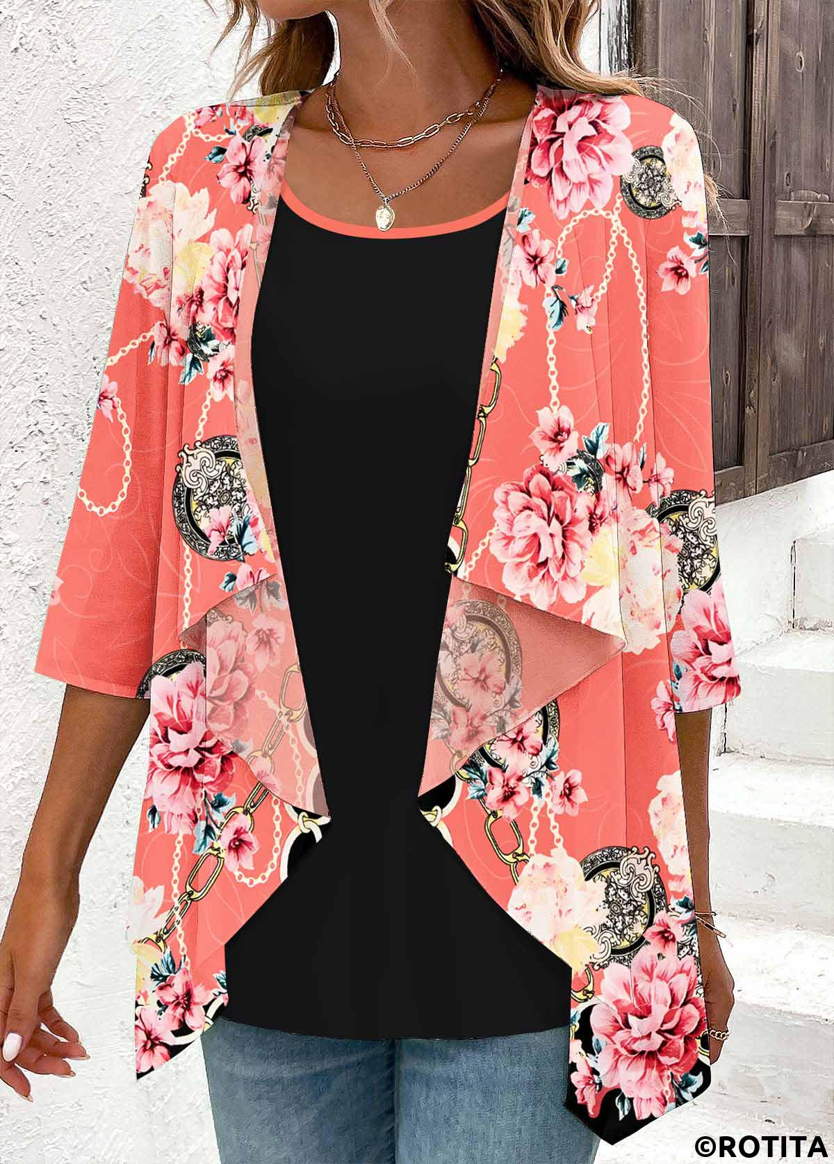 Peach Red tops,Black tops,Floral tops,Plants tops,Geometric tops,ROTITA Fake 2in1 Floral Print Peach Red Blouse