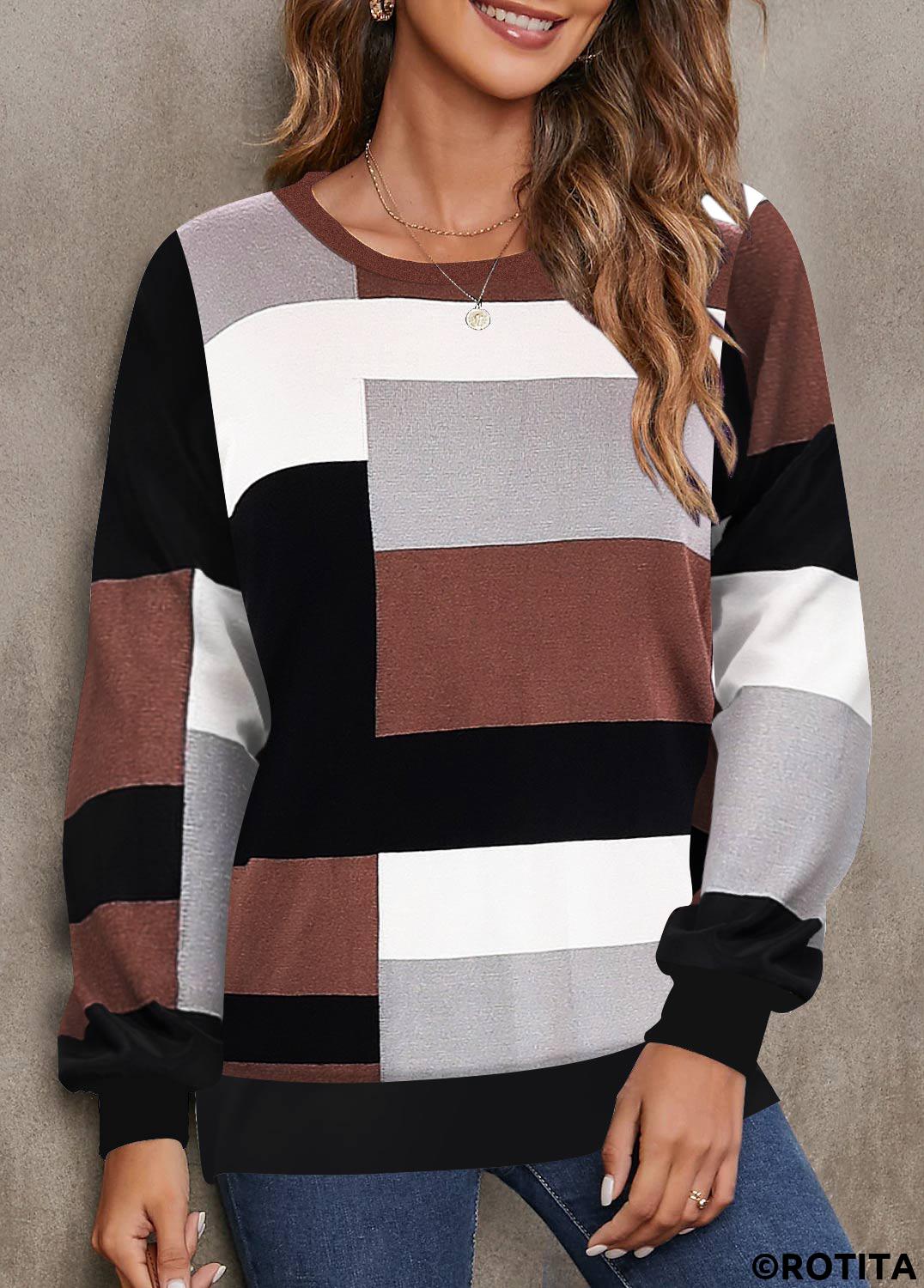 Dark Coffee tops,Geometric tops,ROTITA Patchwork Geometric Print Dark Coffee Round Neck Sweatshirt