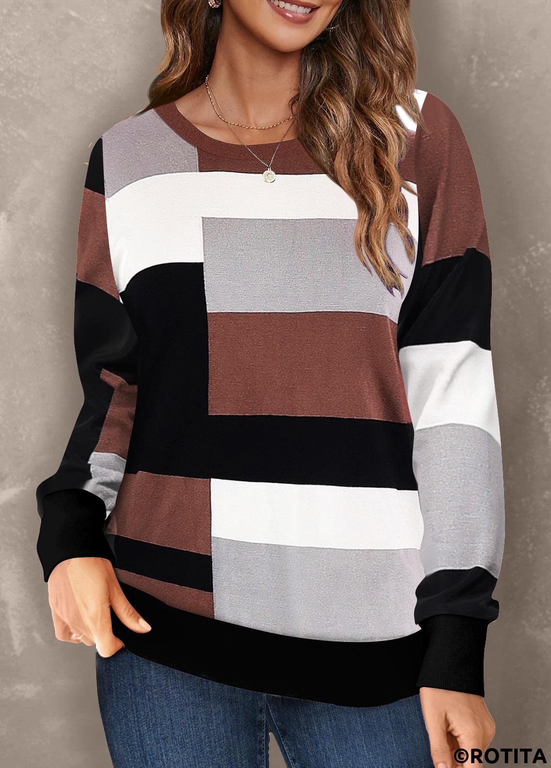 Dark Coffee tops,Geometric tops,ROTITA Patchwork Geometric Print Dark Coffee Round Neck Sweatshirt