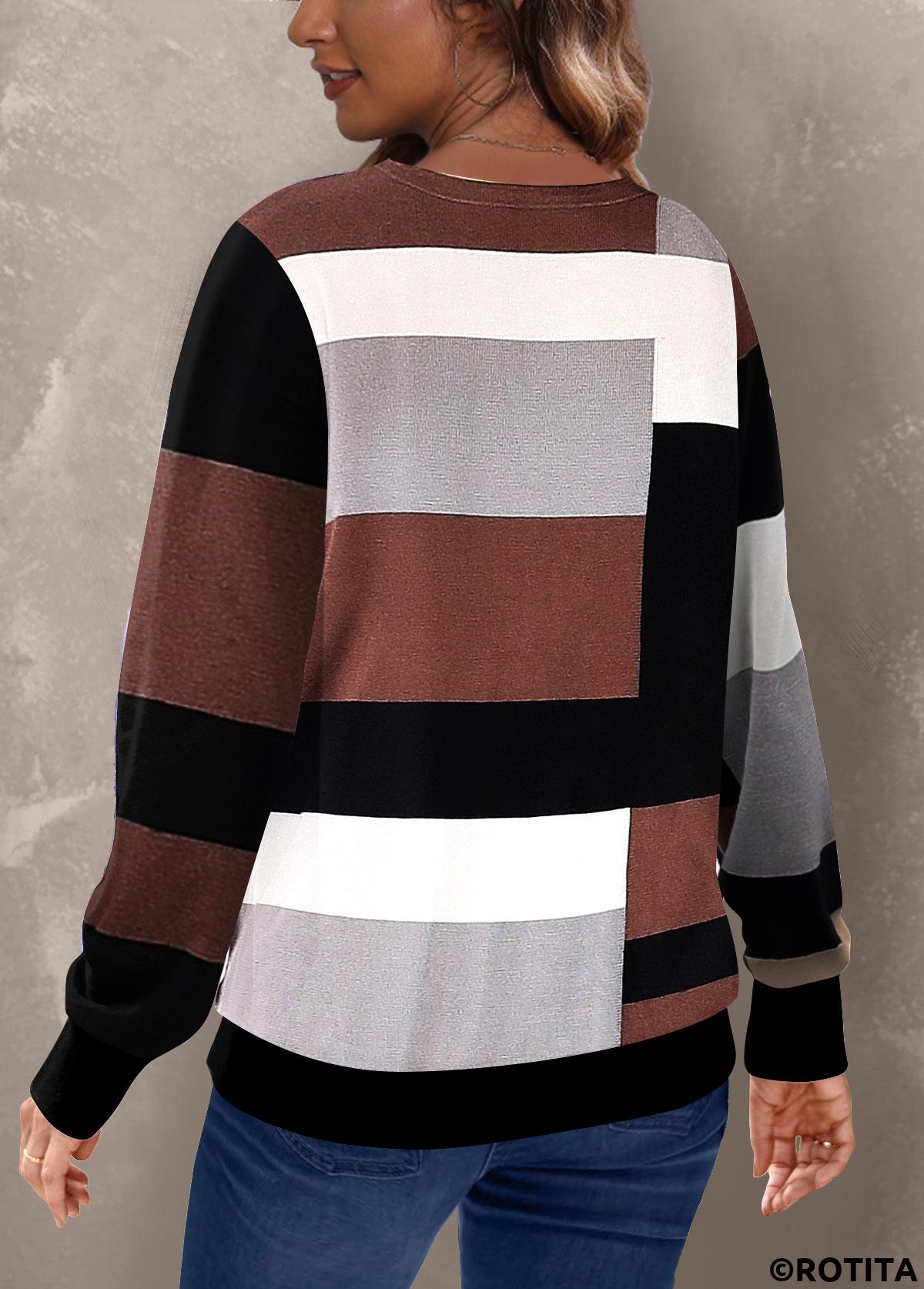 Dark Coffee tops,Geometric tops,ROTITA Patchwork Geometric Print Dark Coffee Round Neck Sweatshirt