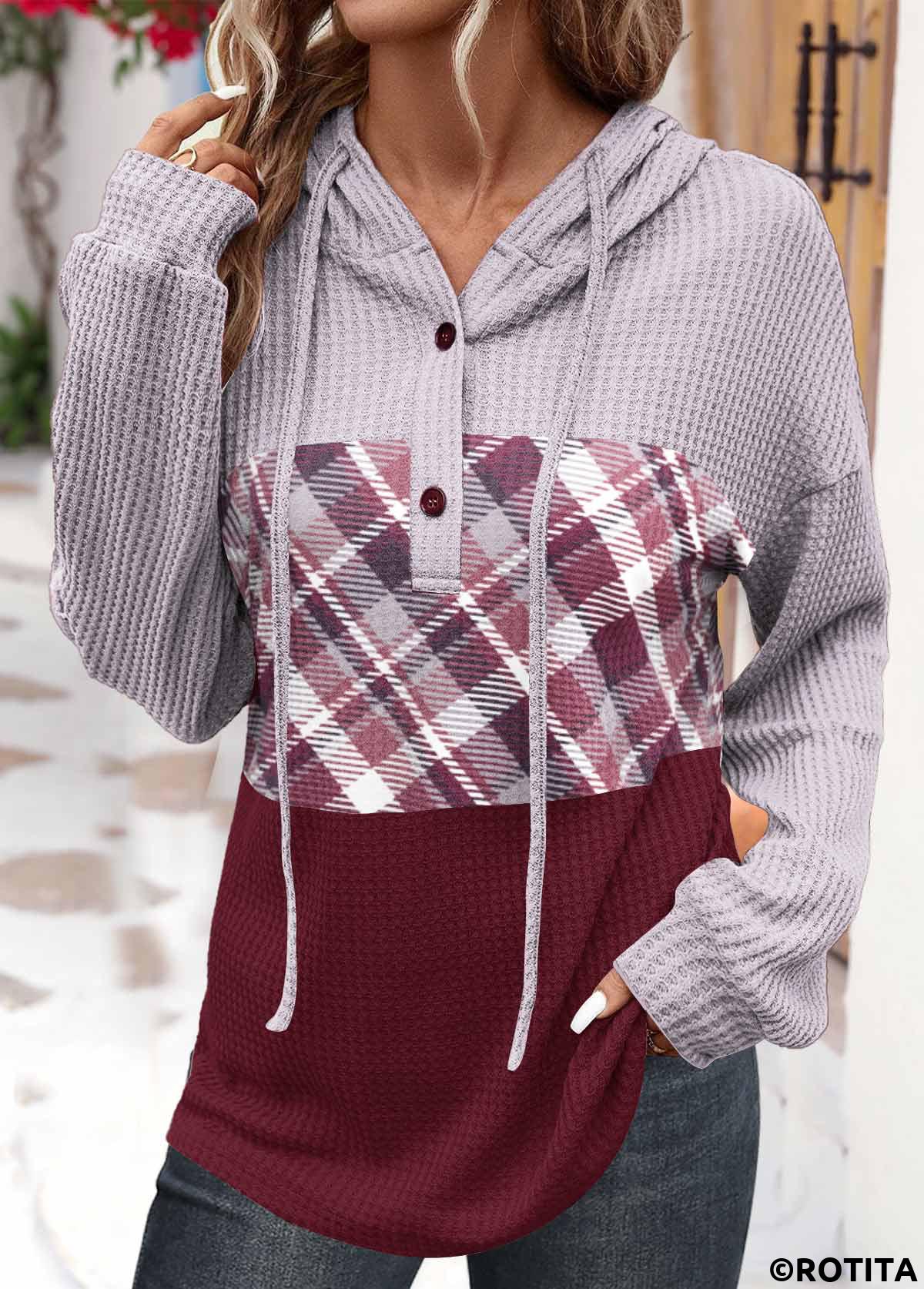 Wine Red tops,Dusty Purple tops,Plaid tops,ROTITA Button Plaid Wine Red Long Sleeve Hoodie