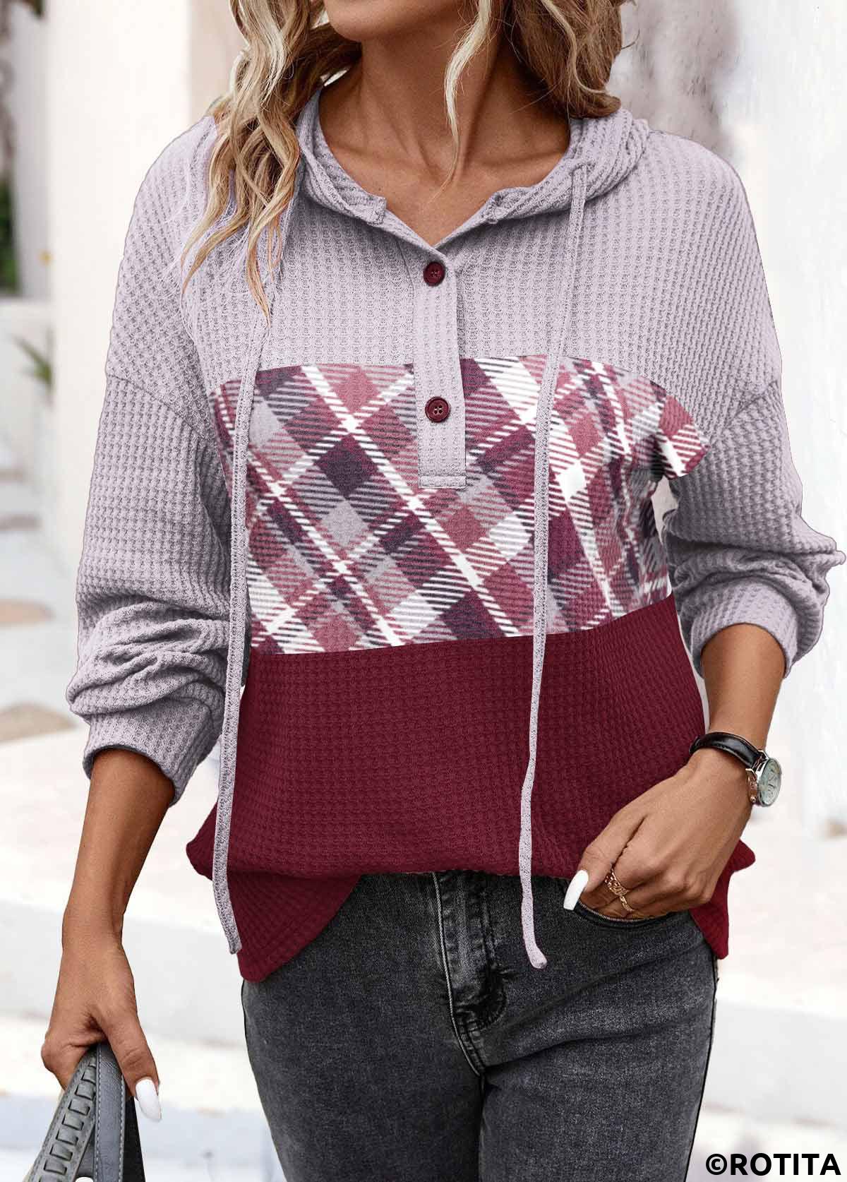 Wine Red tops,Dusty Purple tops,Plaid tops,ROTITA Button Plaid Wine Red Long Sleeve Hoodie