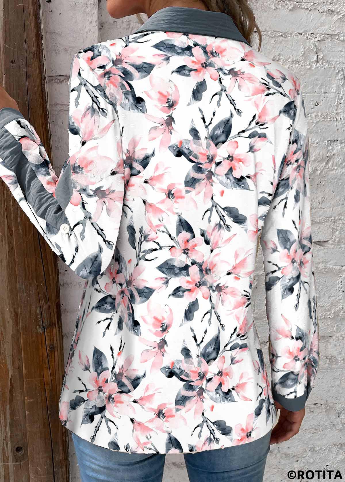White tops,Sage Green tops,Floral tops,Plants tops,ROTITA Patchwork Floral Print White Shirt Collar Blouse