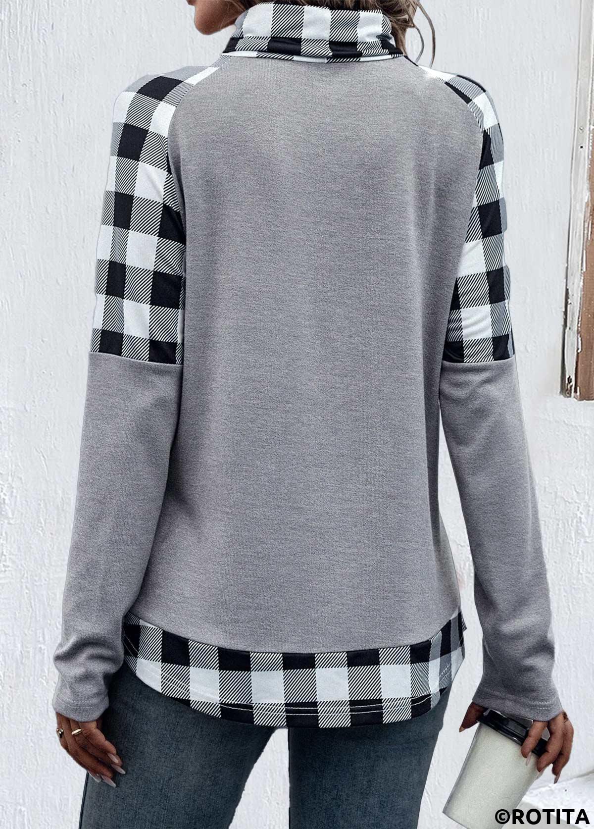 Light Grey tops,Plaid tops,Striped tops,Geometric tops,ROTITA Patchwork Plaid Light Grey Cowl Neck Sweatshirt