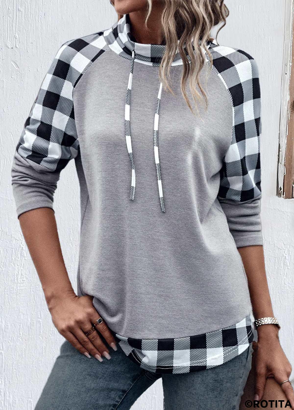 Light Grey tops,Plaid tops,Striped tops,Geometric tops,ROTITA Patchwork Plaid Light Grey Cowl Neck Sweatshirt