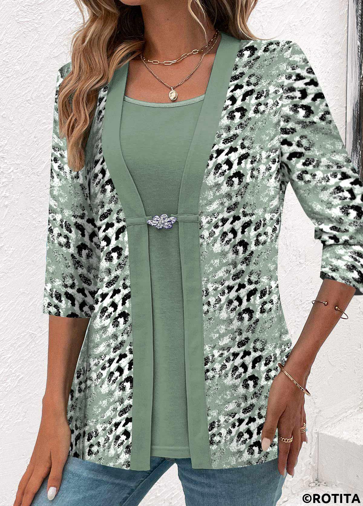 Rotita Leopard Vert Sauge Col Carré Faux Twinset Deux Pièces