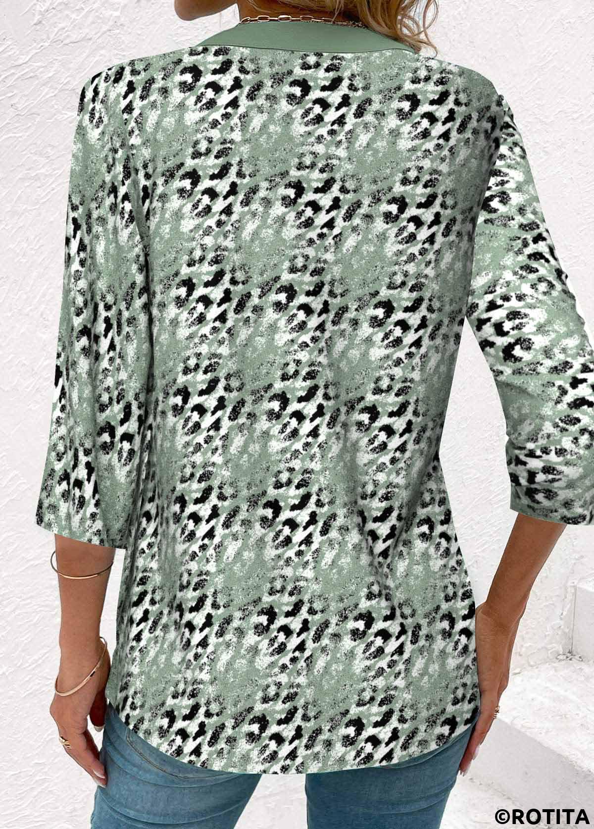 Rotita Leopard Vert Sauge Col Carré Faux Twinset Deux Pièces