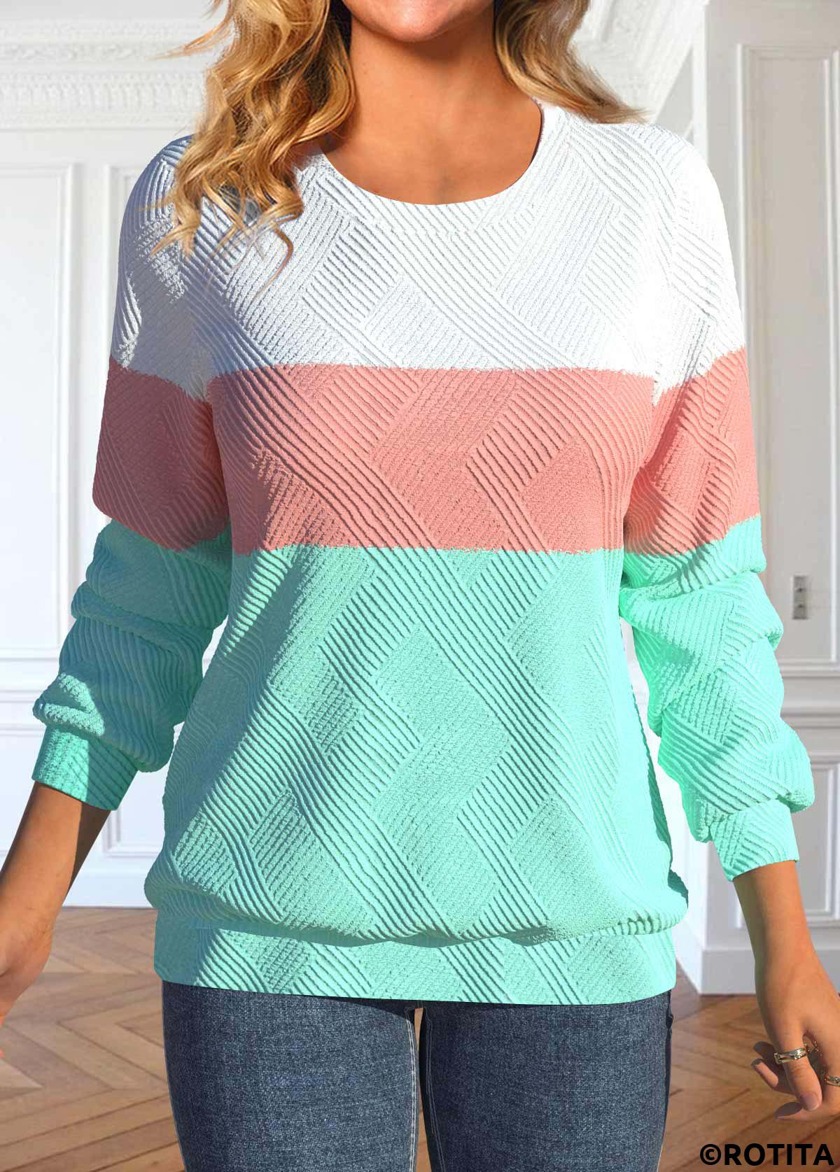 Light Pink tops,Mint Green tops,White tops,Contrast Color tops,ROTITA Patchwork Light Pink Round Neck Long Sleeve Sweatshirt