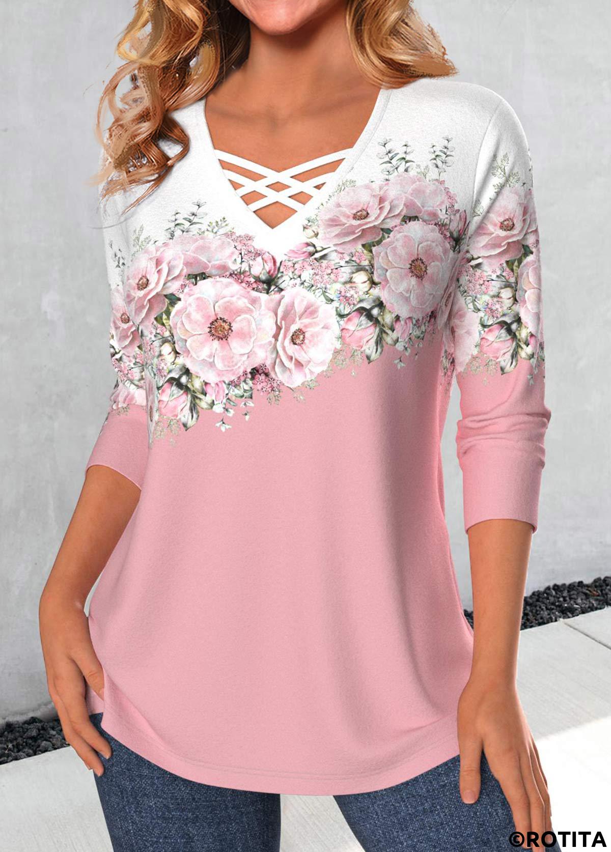 Pink plus size,White plus size,Floral plus size,Plants plus size,ROTITA Valentine's Day Plus Size Criss Cross Pink T Shirt