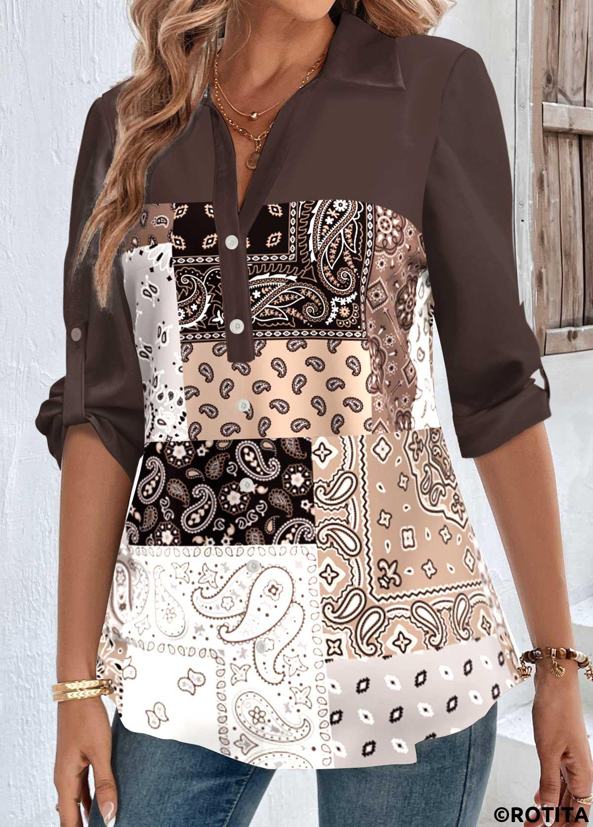 Dark Coffee tops,Tribal tops,Geometric tops,Striped tops,Plaid tops,ROTITA Button Tribal Print Dark Coffee Shirt Collar Blouse